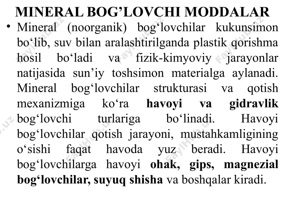 va shu kabi binolarda ishlatiladi. ksilolitdan presslash texnologiyasi asosida kvadrat va olti burchakli plitkalar, deraza tokchalari va boshqa to‘suvchi buyumlar tayyorlash mumkin. ksilolit buyumlar yuzasi marmar, malaxit va boshqa manzarali qatlamlar hosil qilish uchun bo‘yaladi. fibrolit magnezial bog‘lovchilar yog‘och payraxasi (yoki jundan) aralashmasini qoliplab, qotirib olingan issiqlik izolyatsiyasi materialidir. fibrolit plitalari binolarning devor, ora yopmalari, pol osti qismini issiq-sovuqdan izolyatsiyalash va pardadevorlar barpo qilish uchun ishlatiladi. suyuq shisha. suyuq shisha natriy silikat (na2o.nsio2) yoki kaliy silikat (k2o.nsio2) larning suvli kolloid eritmasi bo‘lib, sariq yoki jigar rangida bo‘ladi, 50-70% suvli aralashmasi zichligi 1,3-1,5 g/sm3. suyuq shisha maydalangan sof kvars qumi va soda (na2co3) yoki potash (k2co3) aralashmasini 1300-14000c haroratda suyuqlantirib olinadi. eritma tez sovutilsa va 0,4-0,6 mpa bosimli bug‘ ta’sirida (avtoklavda) qayta ishlansa sarg‘ish va ko‘kimtir ranglardagi suyuq shisha havoyi bog‘lovchisi hosil bo‘ladi. suyuq shishaning qotishini natriy kremneftorid (na2sif6) kabi katalizatorlar qo‘shib tezlashtirish mumkin. suyuq shisha kislotaga va yuqori haroratga bardoshli …