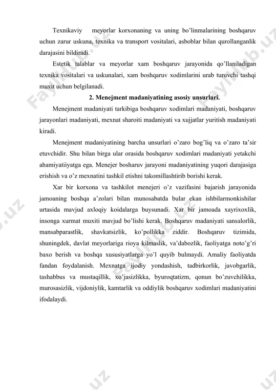 atining asosiy unsurlari. boshqaruv xodimlari madaniyatini ta’minlashning asosiy yo’llari - boshqaruv ilmini chukur egallash, umumiy madaniy darajasi va malakasini muntazam oshirib borish, o’z faoliyati natijalarini taxlil etish va tushunish, ijobiy shaxsiy sifatlarni rivojlantirishdan iborat. boshqaruv madaniyati uchun boshqaruv jarayonini tashkil etish madaniyati darajasi muxim ahamiyatiiyatga ega. boshqaruv jarayoni madaniyatiga rioya qilish korxonada zamonaviy boshqaruv jarayoni qo’llanilishini bildiradi. boshqaruv jarayoni madaniyati shuningdek, boshqaruv mexnatini (boshqaruv mexnatini maqbul taksimlash, kooperasiya qilish va chegaralash, ishchilar sonini meyorlash, qadrlarni to’g’ri joylashtirish va ulardan foydalanish) va ishlovchi ish joyini (ish joyi va binoning kulayligi, ularning sanitariya-tozalik talablariga javob berishi), maqbullashtirishsh, majlislarni, suxbatlarni, tashrifchilarni qabul qilish, uchrashuv, telefon orqali surash, mexnatkashlar xatlari bilan tanishishni to’g’ri tashkil etish va rasmiylashtirishni xam kamrab oladi. boshqaruv jarayonida turli-tuman texnika - oddiy kalkulyatordan tortib murakkab exmlargacha qo’llaniladi. menejerlar bu texnika imkoniyatlari va maqbul foydalanish soxalarini bilishlari lozim bo’lib, bu boshqaruv madaniyati darajasini bildiradi. boshqaruv madaniyatining ajralmas unsuri - xujjatlar yuritish …