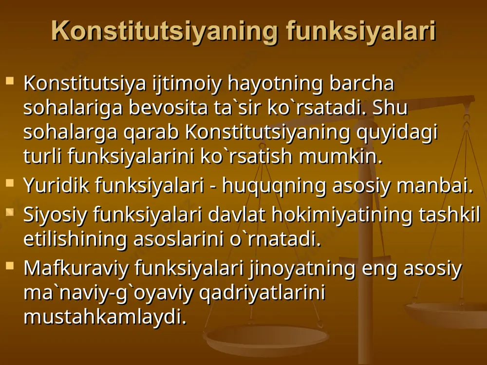 uq fanida konstitutsiya tushunchasi ikki xil ma`noga ega deb qaraladi. shu ma`noda formal va moddiy konstitutsiya farqlanadi. hozirgi zamon konstitutsiyaviy huquq fanida formal konstitutsiya deganda boshqa normativ-huquqiy hujjatlarga nisbatan yuqori yuridik kuchga ega bo`lgan, qabul qilinishi va o`zgartirilishi alohida tartibda amalga oshiriladigan qonun tushuniladi. moddiy ma`nodagi konstitutsiya deganda esa davlat hokimiyatini tashkil etishni tartibga soluvchi normalar yig`indisi tushuniladi. bundagi asosiy narsa tartibga solish predmeti va ijtimoiy munosabatlarni mazmunidir. fransuz olimi f.ardan: "konstitutsiya - davlat hokimiyatining sinonimidir. shuning uchun hatto yozma hujjat bo`lmaganda ham davlat o`z konstitutsiyasiga ham ega bo`ladi. agar davlat yozma hujjat ega bo`lganda ham konstitutsiyani o`zida aks ettirmaydi", -deb yozgan edi. zamonaviy konstitutsiyaviy huquq fanida moddiy yoki amaliy konstitutsiya deganda davlat hokimiyatini hayotdagi amalga oshirilishi tushiniladi. moddiy konstitutsiya-real harakatdagi amaliy konstitutsiyadir. formal yoki yuridik konstitutsiya-davlatning asosiy qonunidir. yuridik konstitutsiya davlat hokimiyatini tashkil etish va shaxsni huquqiy maqomini belgilash asoslarini mustahkamlaydi. konstitutsiya klassifikatsiyasi va turlari turli asoslarga ko`ra konstitutsiya …