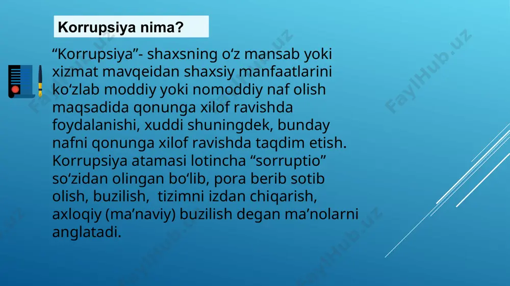 urash sohasidagi davlat siyosatining asosiy yo‘nalishlari: "... agar siz o‘g‘il-qizlari unga doimo qaytadigan, aholisi undan faqat ta’til mavsumidagina chetga chiqadigan, uning hududida kelajak uchun qo‘rquv hissi bo‘lmaydigan vatan qurmoqchi ekansiz, quyidagi ikki qadamni qo‘ying: 1. korrupsiyani vatanga xoinlikka, korrupsionerni esa eng ashaddiy sotqinga tenglashtiring. 2. harbiylar, o‘qituvchilar va shifokorlarni eng katta maosh to‘lanadigan kasb egalariga aylantiring. eng muhimi, mehnat qiling, mehnat qiling va mehnat qiling. negaki, sizni o‘zingizdan boshqa hech kim himoya qilmaydi, boqmaydi. sizning vatan o‘zingizdan boshqaga kerak emas. agar, ana shu aytganlarim oddiy so‘z va shior bo‘lib qolmasdan, turmush tarzingizga aylansa, siz o‘z maqsadingizga erishgan bo‘lasiz.” o‘zbekiston respublikasi vazirlar mahkamasining 2020-yil 31-dekabrdagi 829-sonli qarori bilan tasdiqlangan nizomning 7-bandiga asosan… korrupsiyaga oid huquqbuzarlik uchun huququiy javobgarlik turlari: fuqarolik-huquqiy intizomiy-huquqiy ma’muriy- huquqiy jinoiy- huquqiy e’tiboringiz uchun rahmat!: