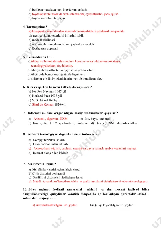 . a) veb-brauzer yordamida kirish mumkin bo'lgan www hujjati yoki axborot manbai b) lokal tarmoq turi c) мои документы ilovasi hujjatlari d) server kompyuter boshqaruvi 4. xosting bu - …. a) tarmoqqa (odatda internetga) doimiy kirish huquqiga ega bo'lgan serverda ma'lumotlarni joylashtirish uchun resurslarni taqdim etish xizmati. b) kompyuterga foydalanuvchi tomonidaan ma’lumot yuklash xizmati c) xakerlardan va zararli dasturlardan himoya xizmati d) kompyuterlarni qayta tiklash xizmati 5. youtube.com dan ta’limga oid videoroliklarni qanday yuklab olinadi? a) saqlamoqchi bo'lgan video sahifasida manzil satriga ikkita lotin ss harfini qo'shish kerak. b) video rolik oynasidagi скачать buyrug’i yordamida c) youtube.com dan videorolik yuklab bo’lmaydi d) videorolik ustida kontekst menyu yordamida 6. web-serverlarda saqlanayotgan web-sahifalar , web-saytlarlarni adresi qanday nomlanadi ? a) wrl b) vrl c) url d) yrl 7. teri badan sezgisi qaysi axborot manbasi bilan mos keladi? a) shamol b) ko’zgu c) rasm d) atir 8. inson e’tibori yo’naltirilgan buyum, hodisa, jarayon, …
