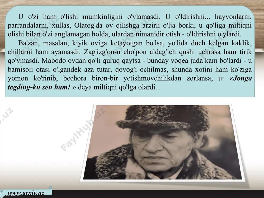 di. www.arxiv.uz ikki yildan keyin onasi uni uylantirdi. onani ham tuproqqa topshirgan yili o'g'il ko'rdi. o'g'li to'qqizga qadam bosganda... ...omon bir kuni ovdan quruq qaytdi: zovboshida bir qobon, bir megajin va o'ntacha churpani kamarga qamab chiqishini kutib yotgan edi, tepada geologlarning verto-lyoti pay do bo'ldi-da, naq kamar ustiga pasayib shunday shovqin ko'tardi, shamoli joni qattiq archalarni ham tit-ratdiki, qamaldagi cho'chqalar sel bosganday vahimada chiqib, xuddi omon pisib turgan archa tagiga o'zlarini urdi. omon kalovlanib, archa orqasiga o'ta oldi, xolos. cho'chqalar odamning beliga uradigan miyazorga oralab, ilonizi yo'l qoldirib ketipti. omon birinchi marta o'zini o'q bo'shatishdan tiydi: bunday paytda o'q qobonga tegadimi, bolasiga tegadimi - bo'ldi, qobon burila solib, ovchiga hu-jum qiladi. www.arxiv.uz omonning ta'bi xira bo'lib, qishloqqa qaytgandi. xotini sigir sog'dirmayotganidan koyinib edi, omon o'zi xurmani olib, sigir tagida cho'nqaydi. endi yelinni ushlaganini biladi, sigir bir qimtindi: oyog'i ko'zani urib, chil-chil qildi. omon o'rnidan turib chetga chiqdi. so'ng xotirjam kavshanayotgan …