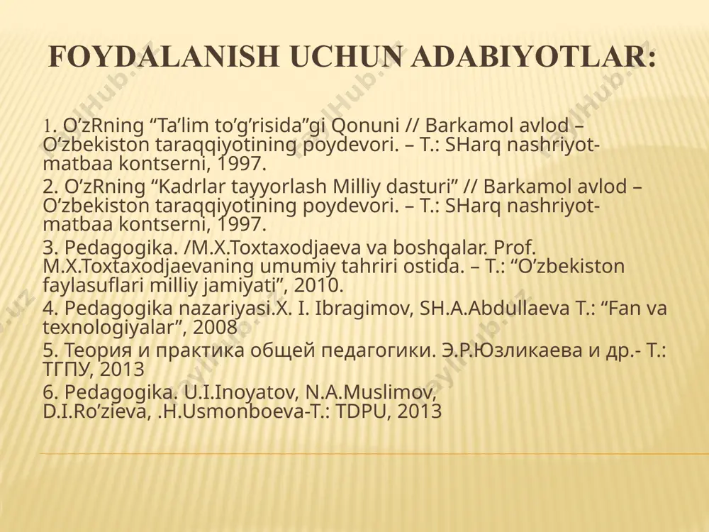 ayonini boshqarish bosqichlari bosqichlar tashkil etish nazorat rejalashtirish boshqarish (rag’batlantirish) natijalarni baholash va tahlil qilish bilimlarni egallash bosqichlari bosqichlar o’quv materialini anglab etish bilimlarni amaliyotda qo’llash idrok etish bilimlrni mustahkamlash bilimlarni egallashning dinamikasini aniqlang bosqichlar rаqаm bilimlarni qo’llash bilimlarni anglab yetish bilimlarni idrok etish bilimlarni mustahkamlash bilimlarni egallashning dinamik xarakteri bilimlarni idrok etish bilimlarni anglab yetish bilimlarni mustahkamlash bilimlarni qo’llash ta’limning gnoseologik asoslari. gnoseologiya (yunoncha – “gnosis” (“gnoseos”) – bilim, ong, o’rganish, logiya – fan, ta’limot) bilish, ilmiy bilimlarning shakllanishi, xususiyatlari, qonuniyatlari, uslublari, ilmiy tafakkur shakllari, shuningdek, insonga xos bo’lgan borliqni anglash qobiliyati haqidagi nazariya, ta’limot. “yaxshi nazariyotchi bo’lish uchun deydi, - abu nasr forobiy, - qaysi fan bilan shug’ullanishidan qat’iy nazar quyidagi uchta shartga amal qilish kerak: 1) fan asosida yotuvchi barcha tamoyillarni yaxshi bilishi; 2) ushbu tamoyil va ma’lumotlar asosida zarur xulosani chiqarishi, ya’ni, mulohaza yuritish qoidalarini bilishi kerak; 3) xato nazariyalarni isbotlab berish va boshqa mualliflar fikrlarini …