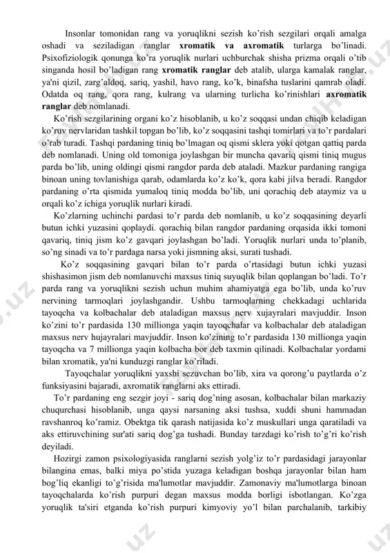 ng fazodagi holati to’g’risida signallar bilan ta'minlab turadi. ular inson harakatining boshqaruvchisi hisoblanib va afferent asosini tashkil qiladi. pereferik reseptorlar muskullar, pay va bo’g’imlarda joylashgan bo’lib, maxsus tanachalar shakliga ega va ular puchchini tanachalari deb ataladi. tanachalarda vujudga keluvchi qo’zg’atuvchilar muskullarning harakatlashuvi natijasida va bo’g’imlar holatining o’zgarishi, nerv tolalari yordamida, orqa miyaning orqa ustunidagi oq suyuqligiga etkaziladi. qo’zg’ovchilar burdax va goll yadrosining quyi bo’limlariga yetib keladi va undan po’stosti tugunchalaridan o’tib, bosh miya katta yarim sharining qoronqulashgan zonasida harakatlarini yakunlaydilar. proprioreseptorlar harakatning afferent asosi ekanligini a.orbeli tomonidan, hayvonlarda p.k.anoxin, odamlarda esa n.a.bernshteynlar tomonidan o’rganilgan. psixologik ma'lumotlarga ko’ra, gavdaning fazodagi holati, sezgirligi statik sezgilarda o’z ifodasini topadi. uning markazi ichki quloq kanallarida joylashgan bo’lib, ular o’zaro bir-biriga perpendikulyar bo’shliqda tutash holatda yotadi. masalan, bosh holatining o’zgarishi quyidagi sxemada ko’rish mumkin: a) endolimfa suyuqligiga bog’liq qo’zg’alish; b) eshitish nervi; v) vestibulyar nervi; g) bosh miya po’stining chakka bo’lmasi; d) miya apparatiga o’tadi; …