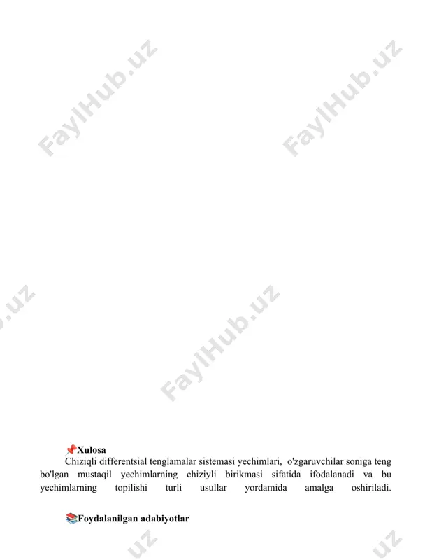 differentsial tenglamalar sistemasi yechimlari, o'zgaruvchilar soniga teng bo'lgan mustaqil yechimlarning chiziyli birikmasi sifatida ifodalanadi va bu yechimlarning topilishi turli usullar yordamida amalga oshiriladi. 📚foydalanilgan adabiyotlar 1. бойматов к.х., математик анализ ва дифференциал тенгламалар. тошкент: ўқитувчи, 1990. 2. демидович б.п., марокуев б.а., дифференциал тенгламалар ва уларни ечиш усуллари. москва: наука, 1971. 3. филиппов а.ф., дифференциал тенгламалар. москва: наука, 1985. 4. понтрягин л.с., обыкновенные дифференциальные уравнения