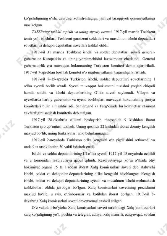 rok etadi. ishchi va soldat deputatlarining iii o‘lka syezdi 1917-yil 15 noyabrda ochildi va u tomonidan rezolyutsiya qabul qilindi. rezolyutsiyaga ko‘ra o‘lkada oliy hokimiyat organi 15 ta a’zodan iborat xalq komissarlari soveti deb ataluvchi ishchi, soldat va dehqonlar deputatlarining o‘lka kengashi hisoblangan. kengash ishchi, soldat va dehqon deputatlarining syezdi va musulmon ishchi-mehnatkash tashkilotlari oldida javobgar bo‘lgan. xalq komissarlari sovetining prezidiumi mavjud bo‘lib, u rais, o‘rinbosarlar va kotibdan iborat bo‘lgan. 1917-yil 8-dekabrda xalq komissarlari soveti devonxonasi tashkil etilgan. o‘z vakolati bo‘yicha xalq komissarlari soveti tarkibidagi xalq komissarlari xalq xo‘jaligining yo‘l, pochta va telegraf, adliya, xalq maorifi, oziq-ovqat, suvdan foydalanish, fuqaro-ma’muriy qism, moliya, tashqi ishlar, harbiy ishlar, savdo va sanoat ishlari bo‘yicha, mehnat, xalq sog‘lig‘ini saqlash va dehqonchilik sohalarini boshqargan. xalq komissarlari o‘z faoliyati davomida xalq komissarlari soveti oldida javobgar hisoblangan. 1917-yil 12-dekabrda xks buyruq chiqarib, unda rossiya sudlar to‘g‘risidagi dekreti matni e’lon qilindi. eski sudlar bekor qilindi va o‘rniga yangi sovet …