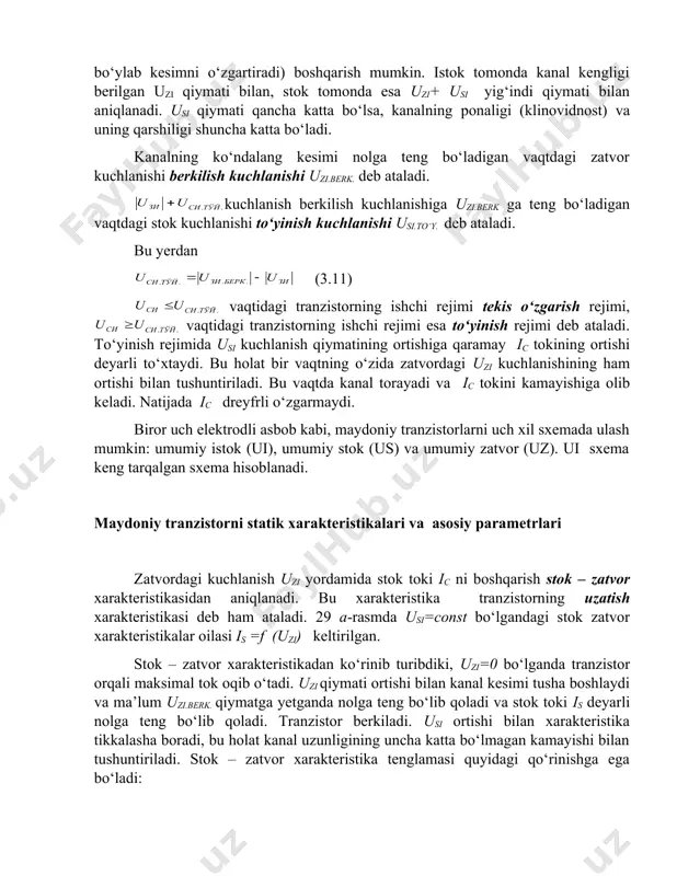 kuchlanishining ham ortishi bilan tushuntiriladi. bu vaqtda kanal torayadi va ic tokini kamayishiga olib keladi. natijada ic dreyfrli o‘zgarmaydi. biror uch elektrodli asbob kabi, maydoniy tranzistorlarni uch xil sxemada ulash mumkin: umumiy istok (ui), umumiy stok (us) va umumiy zatvor (uz). ui sxema keng tarqalgan sxema hisoblanadi. maydoniy tranzistorni statik xarakteristikalari va asosiy parametrlari zatvordagi kuchlanish uzi yordamida stok toki ic ni boshqarish stok – zatvor xarakteristikasidan aniqlanadi. bu xarakteristika tranzistorning uzatish xarakteristikasi deb ham ataladi. 29 a-rasmda usi=const bo‘lgandagi stok zatvor xarakteristikalar oilasi is =f (uzi) keltirilgan. stok – zatvor xarakteristikadan ko‘rinib turibdiki, uzi=0 bo‘lganda tranzistor orqali maksimal tok oqib o‘tadi. uzi qiymati ortishi bilan kanal kesimi tusha boshlaydi va ma’lum uzi.berk. qiymatga yetganda nolga teng bo‘lib qoladi va stok toki is deyarli nolga teng bo‘lib qoladi. tranzistor berkiladi. usi ortishi bilan xarakteristika tikkalasha boradi, bu holat kanal uzunligining uncha katta bo‘lmagan kamayishi bilan tushuntiriladi. stok – zatvor xarakteristika …