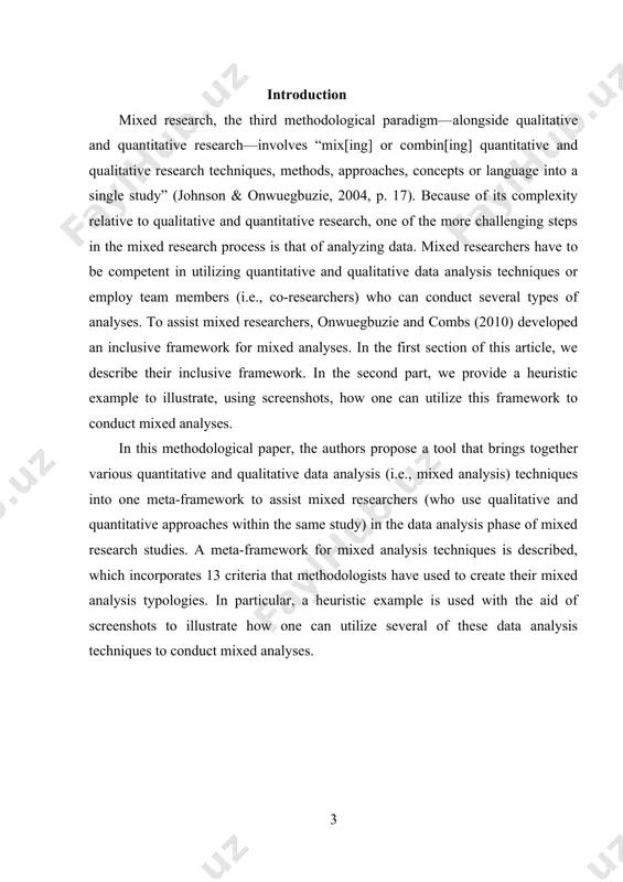 teddlie, tashakkori, & johnson, 2008; west & tulloch, 2001) and chapters in seminal mixed research books (e.g., bazeley, 2009, creswell & plano clark, 2007, 2010; greene, 2007; johnson & christensen, 2008; rao & wolcock, 2003; tashakkori & teddlie, 1998; teddlie & tashakkori, 2009; todd, nerlich, mckeown, & clarke, 2004). these articles and book chapters have been instrumental in providing mixed analysis strategies for mixed researchers. however, these strategies typically have been presented in an isolated manner as standalone techniques with little or no interaction with other mixed analysis techniques. indeed, as surmised by greene (2008), to date, despite the extensiveness of the field of mixed analysis, “this work has not yet cohered into a widely accepted framework or set of ideas” (p. 14). as such, it is clear that an integrated, interactive framework is needed that provides mixed researchers with a map of the mixed- analytical landscape . in developing …