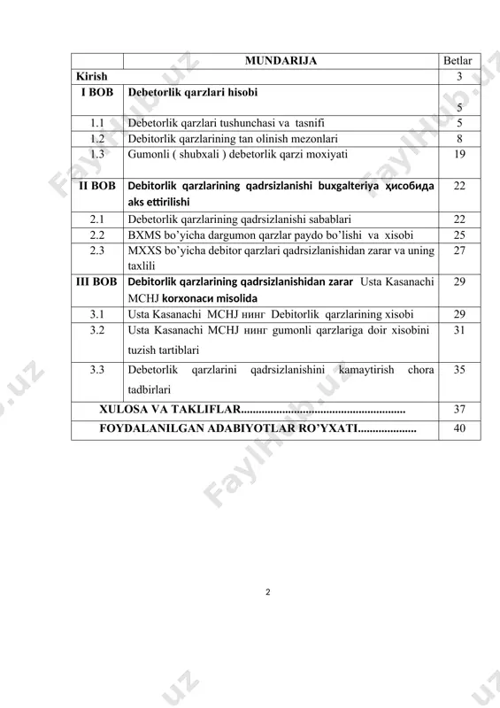 yon kompaniyaning moliyaviy holatiga sezilarli ta'sir ko‘rsatadi, chunki qadrsizlangan qarzlar kompaniyaning foyda va zarar hisobotida zarar sifatida ko‘rsatiladi. shuningdek, bu kompaniyaning likvidlik holatiga ham jiddiy ta'sir qilishi mumkin, chunki qarzlarning o‘z vaqtida to‘lanmasligi naqd pul oqimining qisqarishiga olib keladi.bu kurs ishida debitorli qarzlarning qadrsizlanishining sabablarini, ta'sirini, hisoblash usullarini va oldini olish choralari haqida batafsil tahlil qilinadi. mavzu o‘rganish, nafaqat kompaniyaning moliyaviy barqarorligini ta'minlash, balki iqtisodiy xavflarni boshqarish uchun ham juda muhimdir. mavzu: debetorlik qarzlarining qadrsizlanishidan zarar xisobi i bob . debetorlik qarzlari hisobi 1.1 debitorlik qarzlari tasnifi debitorlik qarzlari[footnoteref:1] – bu tashkilotning shartnoma bo’yicha xaridorga va’da qilingan tovar, ish va xizmatlarni uzatishda yuzaga kelgan qoplamalarga bo’lgan xuquq , yoxud moliyaviy va investitsion faoliyati natijasidagi operatsiyalar natijasida yuzaga kelgan boshqa tashkilotlar va jismoniy shaxslarning qarzlari, qaysiki bu xuquq va qarzlar mal’um bir muddatning tugashidan tashqari boshqa omillarga bog’liq bo’lmaydi. [1: moliyaviy buxgalteriya xisobi 1: жорий активлар: дебиторлик қарзлари (олинадиган счётлар - …