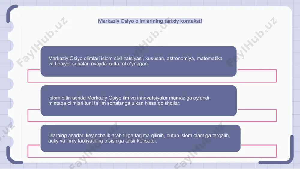 y osiyo olimlari turli fan sohalariga katta hissa qo‘shgan. ularning ta’lim darajasi va tajribasi ularga ilmiy sohada muvaffaqiyat qozonish va o‘z mintaqasi rivojiga qimmatli hissa qo‘shish imkonini berdi. markaziy osiyo olimlari mintaqaning intellektual landshaftini shakllantirishda hal qiluvchi rol o‘ynashda davom etmoqda. markaziy osiyo olimlari jahon akademik hamjamiyatida markaziy osiyolik olimlar jahon akademik hamjamiyatida muhim rol o‘ynab, ta’limning turli sohalariga o‘ziga xos istiqbollarni olib kelmoqda. ularning tadqiqot va ilmiy tadqiqotlarga qo‘shgan hissasi bizning markaziy osiyo madaniyati, tarixi va tillari haqidagi tushunchamizni boyitdi. dunyo bo'ylab olimlar bilan hamkorlik qilish orqali ular jonli akademik almashinuvni rivojlantirdilar va madaniyatlararo tushunishni targ'ib qildilar. 1 2 3 markaziy osiyo olimlari va ularning jamiyatdagi roli markaziy osiyo olimlari turli sohalardagi hissalari bilan jamiyatni shakllantirishda hal qiluvchi rol o‘ynagan. ularning ijodi adabiyot, san’at, falsafa va fan kabi sohalarga katta ta’sir ko‘rsatdi. bu olimlar nafaqat muhim ilmiy izlanishlar olib borishdi, balki yosh avlod uchun o‘rnak bo‘lib xizmat qilishdi. markaziy …