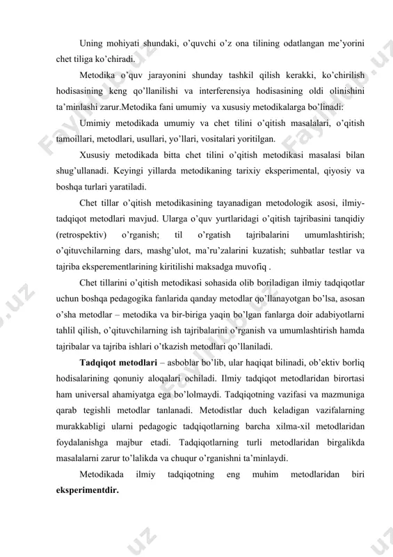 ydalanishga majbur etadi. tadqiqotlarning turli metodlaridan birgalikda masalalarni zarur to’lalikda va chuqur o’rganishni ta’minlaydi. metodikada ilmiy tadqiqotning eng muhim metodlaridan biri eksperimentdir. eksperiment tajriba orqali bilishning bir turidir. eksperiment hodisasini mafassal va aniqroq kuzatish maqsadida bu hodisaning sodir bo’lishi jarayoniga inson faol ta’sir ko’rsata olishi uchun uni tajriba orqali o’rganish metodini talab etadigan ilmiy bilishning taraqqiyoti ehtiyojlarga kora yuzaga kelgan. eksperimentning tadqiqot metodi sifatida afzalliklarini ko’rsatadigan asosiy xususiyatlari tubandagilardan iboratdir: 1. eksperimentda tadqiqotchi, ob’ektiv kuzatishdagi singari, tasidifiy hodisa oqimi unga kuzatish imkonini bergunicha kutib turishning o’rniga, o’zi o’rganayotgan hadisani keltirib chiqaradi. 2. eksperiment olib boruvchi o’rganilayotfgan hodisani yuzaga keltirish imkoniga molik bo’lib, hodisa sodir bo’ladigan sharoitni, oddiy kuzatishdagi singari, u qanday holda ko’rinsa, o’shanday olish o’rniga, yangi shaklga solishi, o’zgartirishi mumkin. 3. ayrim sharoitlarini alohida ajratib va boshqalarini saqlab ulardan birini o’zgartirish bilan birga eksperiment, ayrim sharoitlarning ahamiyatini ochib beradi va o’rganilayotgan jarayonni belgilovchi qonuniy aloqalarini o’rnatadi. 4. hodisalar o’rtasidagi …
