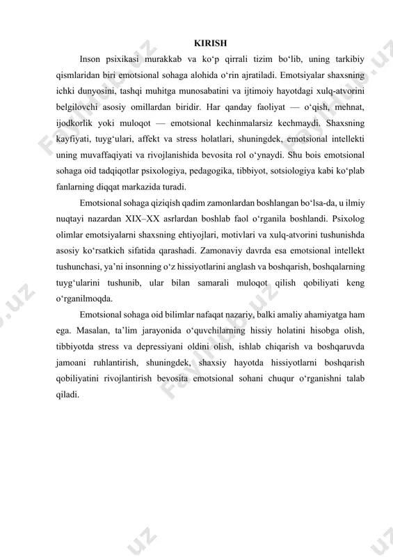salan, stress yoki hayajon holati xavfli vaziyatlarda tezroq qaror qabul qilishga yordam beradi. shaxsning emotsional sohasi uning ijtimoiylashuvi va rivojlanishida alohida o‘rin tutadi. bola hayotining dastlabki yillarida o‘z holatini emotsiyalar orqali ifodalaydi. u kuladi, yig‘laydi, hayron qoladi. bu jarayon asta-sekin ijtimoiy tajriba va tarbiya ta’sirida shakllanadi. voyaga yetgach, shaxs o‘z emotsiyalarini ongli tarzda boshqarishni o‘rganadi. shu bilan birga, u boshqalarning hissiyotlarini ham tushunib, ularga moslashadi. bunday qobiliyat emotsional intellekt deb yuritiladi. zamonaviy psixologiyada emotsional intellekt juda ko‘p o‘rganilayotgan tushuncha hisoblanadi. u insonning shaxsiy hayotida ham, kasbiy faoliyatida ham muvaffaqiyat qozonishida muhim ahamiyatga ega. yuqori emotsional intellektga ega odam stressli vaziyatlarda o‘zini boshqara oladi, jamoada yaxshi muhit yarata oladi va samarali muloqot o‘rnatadi. emotsional sohaning mohiyatini ilmiy jihatdan izohlash uchun psixologiyada bir nechta nazariy yondashuvlar mavjud. biologik yondashuv tarafdorlari, xususan, uilyam jeyms va karl lange emotsiyalar organizmdagi fiziologik o‘zgarishlar natijasi ekanligini ta’kidlaydi. ularning nazariyasiga ko‘ra, biz avval fiziologik o‘zgarishlarni boshdan kechiramiz, …