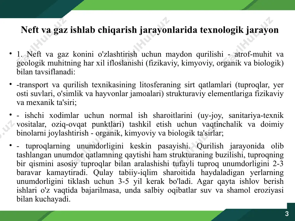 yaylovlar yo'q qilinadi. brakonerlar tomonidan qushlar va hayvonlar yo'q qilinadi. kichik daryolarning gidrologik rejimini buzish, suv osti o'tish joylarini yotqizish paytida yirik daryolar va suv omborlari qirg'oqlarini buzish, neft mahsulotlari bilan ifloslanishining ko'plab holatlari tufayli baliqlar nobud bo'ladi. tayyorgarlik ishlari paytida atrof muhitga salbiy ta'sir ko'rsatadigan asosiy turlarga quyidagilar kiradi: - tuproq-o'simlik qatlamlarining turli darajalarini yo'q qilish yoki buzish; - yong'inlarning kelib chiqishi; -suv havzalarining ifloslanishi va loyqalanishi; - tabiiy oqimning buzilishi; - suv bosishi va suv eroziyasiga olib keladigan hududlarni suv bosishi va botqoqlanishi; - tuproq va yerlarni neft mahsulotlari, qurilish materiallari va chiqindilar, maishiy chiqindi suv va qattiq chiqindilar bilan ifloslanishi; - tuproq, korroziya mahsulotlari, juda ifloslangan gidravlik sinovlardan so'ng suvni to'kish yoki relyefda jarliklarga tushganda va atrof muhitga zarar etkazishi, tuproqning yemirilishi, suv toshqini joylari va suv havzalarini ifloslantirishi mumkin. 3. burg'ilash qurilmasi qurilishi: - transport vositalarining dvigatellaridan chiqadigan gazlarning atmosferaga chiqarilishi havoning ifloslanishiga olib keladi; - …