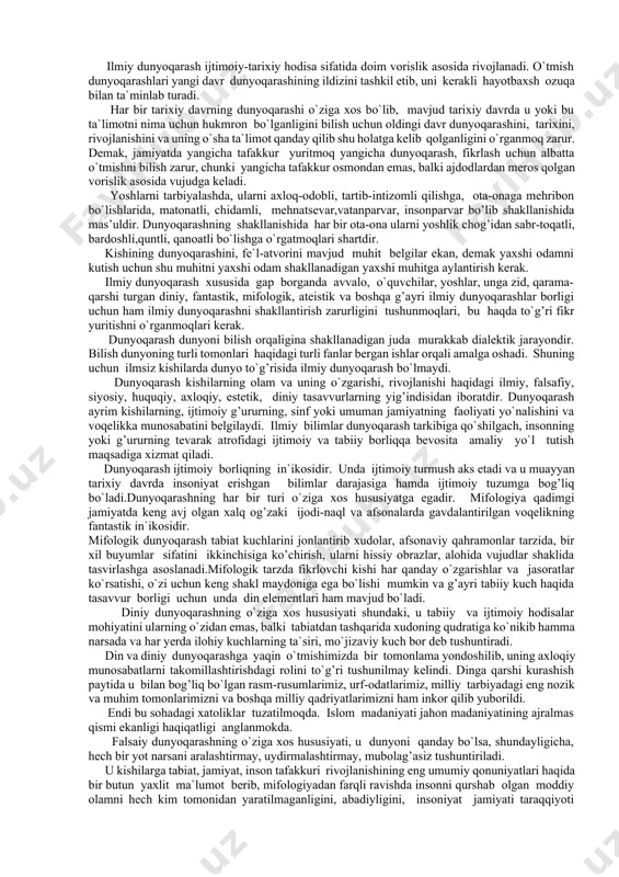 deb ta`riflaydi, ayni zamonda firdavsiy, nosir xisrav, rudakiy, sa`diy, a. navoiy kabi avloniy ham aqlga katta e`tibor beradi. u “hukamolardan biri aqlning quli nafsning jilovini ushlasa, seni yomon yo`llarga kirishdan saqlar"- deb uqtiradi. avloniyning fikricha, sog’lom fikr, yaxshi axloq, ilm-ma`rifatga ega bo`lish uchun badanni tarbiyalash zarur. badanni sog’lom va quvvatli bo`lmog’i insonga eng kerakli narsadir. chunki o`qimoq, o`qitmoq va o`rgatmoq uchun insonga kuchli, kasalsiz jasad lozimdir. "aql-deydi: u-piri komili, muroshidi yagonasidir. ruh ishlovchi, aql boshlovchidir. inson aql va idroki sohasida o`ziga keladigan zarar va zulmlardan saqlanur, er yuzidagi hayvonlarni asir qilib, bo`ynidan boylab iplarining uchini qo`llariga bergan insonlarning aqlidur". o`zbekiston o`z mustaqilligininng qo`lga kiritgan hozirgi sharoitda qadriyatlarimizni tiklashga, tariximizni o`rganishga, o`zligimizni anglab yetishga ahd qilgan va yosh avlod uchun xuddi mana shu durdona asarlar qo`l kelishi muqarrardir. dunyoqarash. dunyoqarash faqat insongagina xos hususiyat bo`lib, hayvonot dunyosi, boshqa narsa, buyumlar va mavjudot uchun bu hol yotdir, ularda ham dunyoqarash bo`ladi, deb …