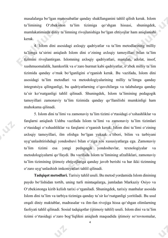 viy ta’lim tizimlari o‘rtasidagi o‘xshashliklar va farqlarni o‘rganish kerak. islom dini ta’limi o‘zining axloqiy tamoyillari, ilm olishga bo‘lgan yuksak e’tibori, bilim va tarbiyani uyg‘unlashtirishdagi yondoshuvi bilan o‘ziga xos xususiyatlarga ega. zamonaviy ta’lim tizimi esa yangi pedagogik yondoshuvlar, texnologiyalar va metodologiyalarni qo‘llaydi. bu vazifada islom ta’limining afzalliklari, zamonaviy ta’lim tizimining ijtimoiy ehtiyojlariga qanday javob berishi va har ikki tizimning o‘zaro uyg‘unlashish imkoniyatlari tahlil qilinadi. tadqiqot metodlari. tarixiy tahlil usuli. bu metod yordamida islom dinining paydo bo‘lishidan tortib, uning turli mintaqalarga, jumladan markaziy osiyo va o‘zbekistonga kirib kelish tarixi o‘rganiladi. shuningdek, tarixiy manbalar asosida islom dini ta’lim va tarbiya tizimiga qanday ta’sir ko‘rsatganligi yoritiladi. bu usul orqali diniy maktablar, madrasalar va ilm-fan rivojiga hissa qo‘shgan olimlarning faoliyati tahlil qilinadi. sosial tadqiqotlar (ijtimoiy tahlil) usuli. islom dini va ta’lim tizimi o‘rtasidagi o‘zaro bog‘liqlikni aniqlash maqsadida ijtimoiy so‘rovnomalar, statistik ma’lumotlar, sotsiologik tadqiqotlar va ekspert xulosalari tahlil qilinadi. bu metod orqali bugungi kunda islomiy qadriyatlarning …