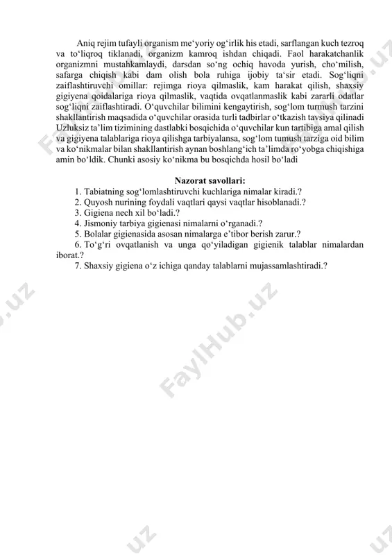 onining moddiy-texnik bazasini, sport anjomlari, jihozlar va mavjud kiyimboshlardan belgilangan muddat davomida foydalanishga imkoniyat yaratadi. jismoniy mashqlar, tabiatning sog‘lomlashtiruvchi kuchlari va gigienik omillarni rotsional qo‘llash inson salomatligini mustaxkamlaydi va jismoniy qobiliyatlarini me’yorli rivojlanishiga zamin yaratadi. mashg‘ulotlar inson hayotiy faoliyatining organik qismiga aylansa, jismoniy tarbiya tizimi o‘zining maqsadi va vazifalarini ijobiy hal qilishga qodir jismoniy tarbiya vositalariga ega degan xulosa qilish o‘rinli bo‘ladi. salomatlikni saqlash va mustahkamlashda atrof muhitni ozoda saqlash, ratsional tarzda ovqatlanish, faol ravishda optimal harakatlar qilish hamda asab-hayajonlanish haddan oshib ketadigan hayajon holat-larining oldini olish singari tadbirlar bilan bir qatorda, jismoniy tarbiya ham eng muhim va istiqbolli omillardan biriga aylanib bormoqda. shaxsiy gigiyena - gigiyenaning bir boʻlimi; shaxsiy hayot va mehnat faoliyatida amal qilinishi zarur boʻlgan gigiyenik rejim yoʻli bilan odam sogʻligʻini saqlash va mustahkamlash masalalarini ishlab chiqadi. shaxsiy gigiyena har bir kishining oʻziga va yoshiga bogʻliq boʻlib, aqliy va jismoniy mehnatni toʻgʻri yoʻlga qoʻyish, jismoniy tarbiya bilan …