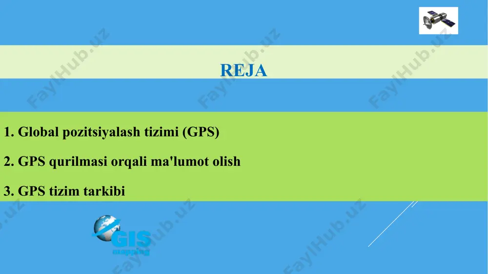a ishlash mumkin va bu ma'lumotlarni gat dasturlariga jo'natish yoki bevosita to'g'ridan to'g'ri maxsus gat ining ichida joylashgan dasturlar orqali qayta ishlash mumkin. hozirgi kunda er resurslarini boshqarish tashkilotlarida ishlatilayotgan panorama gat (panorama) dasturida ham shunday dastur mavjud va bu ma'lumot olish nmea 0183 tizimi orqali amalga oshiriladi. nmea 0183 bu gps navigatsiya priyomniklari va undan foydalanuvchilar o'rtasidagi ma'lumotlar almashinuvini uzatuvchi format turidir. gps import dasturi orqali koordinatalar dasturinig file/import from/ gps koordinates/nmea or file/ refresh/ koordinates gps /nmea orqali amalga oshiriladi. gps qabul qilgichining joylashuviga qarab statik va dinamik oʻlchashlar usullari qoʻllaniladi. qabul qilgich oʻrnini statik usulda aniqlashda punktda uzoq muddat davomida kuzatishlar olib boriladi.dinamik usulda kuzatishlarni olib borishda qabul qilgich harakatlanadigan transport vositasiga oʻrnatiladi. geodezik gps qabul qilgichlari bilan ishlashda qoʻyilgan maqsadga qarab quyidagi oʻlchashlar usullaridan biri qoʻllanadi: statika, tezkor statika, kinematika va rtk. statika usuli uzoqliklarni oʻlchashda, geodezik tarmoqlarni rivojlantirishda, tektonik platformalar harakatini oʻrganish va boshqalarda qoʻllaniladi. …