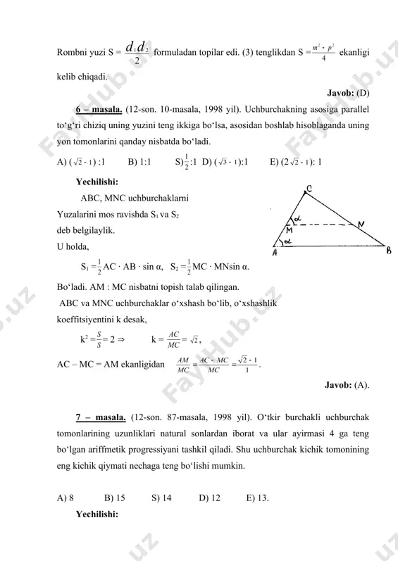 i va aylana markazi orasidagi masofani toping. a) b) s) 3 d) 3 e) 4 yechilishi: aniqlik uchun ad =bc =a deb belgilaylik. to‘g‘ri burchakli ∆and uchburchakdan an = ekanligi kelib chikadi. to‘rtburchakka ichki aylana chizilganligi uchun =a deyish mumkin. bundan = a ( a = . bu yerda = va ekanligidan ∆lod teng tomonli bo‘lib, izlangan masofa od = yoki 3 ekanligini aytish mumkin. javob: (d) 16 – masala. (5-son. 45-masala, 1999 yil). tomoni 1 ga teng bo‘lgan kvadrat ustma-ust quyiladi. shundan so‘ng kvadratlardan biri ularning umumiy simmetriya markaziga nisbati 450 ga burildi. hosil bo‘lgan figuraning yuzini hisoblang. a) 4 – 2 b) 1,2 s) 1,25 d) 3 – e) . yechilishi: chizmadan ko‘rish mumkinki hosil qilingan figurani yuzii s =skv + 4sabc tenglikdan topiladi. < bac =450 ekanligidan an = nc = bn = – 0,5 = . bu ma’lumotlarga ko‘ra, s∆abc = bo‘lib, s = 1+4 = …