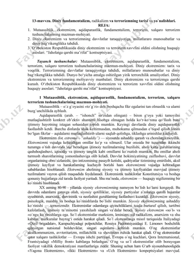 diniy fundamentalizm, radikalizm va terrorizmning tarixi va yo`nalishlari. — DOCX