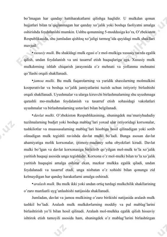 da unga tegishlidir. korxona o’z mol-mulki bilan to’la xo’jalik yuritish huquqini amalga oshirar ekan, mazkur mulkka egalik qiladi, undan foydalanadi va tasarruf etadi, unga nisbatan o’z xohishi bilan qonunga zid kelmaydigan har qanday harakatlarni amalga oshiradi. · aralash mulk. bu mulk ikki yoki undan ortiq turdagi mulkchilik shakllarining o’zaro manfaatli uyg’unlashishi natijasida shakllanadi. jumladan, davlat va jamoa mulkining o’zaro birikishi natijasida aralash mulk tashkil bo’ladi. aralash mulk mulkdorlarning moddiy va pul mablag’larini birlashtirish yo’li bilan hosil qilinadi. aralash mol-mulkka egalik qilish hissaviy ishtirok etish tamoyili asosida ham, shuningdek o’z mablag’larini birlashtirgan mulkdorlar o’rtasida daromadlarni qo’shgan ulushiga qarab taqsimlash asosida va tomonlarning kelishuvi bilan ham amalga oshirish mumkin. aralash mulkning o’z mablag’larini birlashtirayotgan mulkdorlarning maqomi bilan belgilanadigan har xil turlari bo’ladi. o’zbekiston respublikasi va boshqa davlatlarning, turli yuridik va jismoniy shaxslarning mol-mulkini birlashishidan aralash mulk shakllanadi. · boshqa davlatlar hamda xalqaro tashkilotlar yuridik va jismoniy shaxslarining mulki. chet el fuqarolari o’zbekiston …