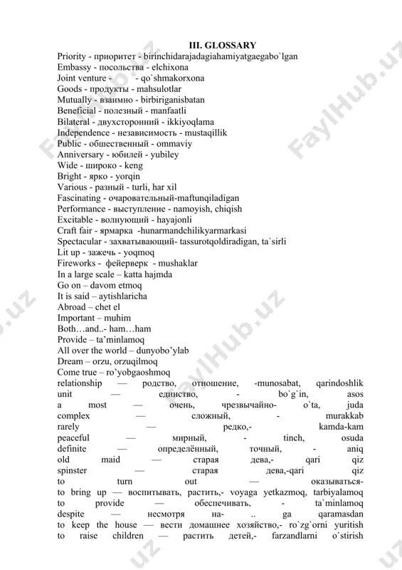 чайно- o`ta, juda complex — сложный, - murakkab rarely — редко,- kamda-kam peaceful — мирный, - tinch, osuda definite — определённый, точный, - aniq old maid — старая дева,- qari qiz spinster — старая дева,-qari qiz to turn out — оказываться- to bring up — воспитывать, растить,- voyaga yetkazmoq, tarbiyalamoq to provide — обеспечивать, - ta`minlamoq despite — несмотря на- .. ga qaramasdan to keep the house — вести домашнее хозяйство,- ro`zg`orni yuritish to raise children — растить детей,- farzandlarni o`stirish custom — обычай, - urf-odat, udum, an`ana breathtaking — захватывающий- to take place — происходить at the turn of the 19th century — в конце xix века,- 19-asr so`ngida to retain — сохранять, удерживать- saqlab qolmoq, ushlab qolmoq fascination — очарование, - modern — современный, - zamonaviy to reveal — открыват, - ochmoq, urgent — насущный, актуальный,- muhim to concern — касаться, иметь отношение к , - aloqador bo`lmoq …