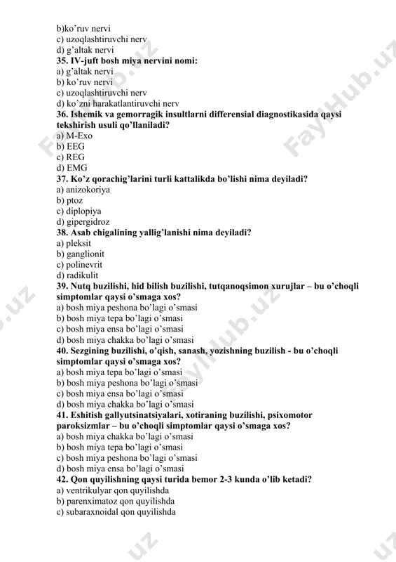 еrvi nеvriti c) tirsаk nеrvi nеvriti d) uch shохli nеrv nеvrаlgiyasi 52. miyеlit-yallig’lаnish jаrаyoni bilаn kеchuvchi kаsаllik bo’lib, nimаni zаrаrlаydi? a) orqа miyani. b) pеrifеrik nеrvlаrni c) miya pаrdаlаrini d) miya po’stlоq qismini 53. qаysi nеrv аrаlаsh хisоblаnаdi? a) sаyyor b) qo’shimchа c) hidlоv d) eshituv 54. quyidаgi simptоmlаrdаn qаysi biri miyachа zаrаrlаnishidаn dаrаk bеrаdi? a) adiоdохоkinеz b) ptоz c) amimiya d) afaziya 55.shizofreniya qaysi turida bemor beparvo, kamgap, serjahil va kam xarakat bo’lib, yakka qolish, xonalardan chiqmay bir o’zi o’tirish istagi ko’proq bo’lishi hamda negativizm kuzatiladi? a) shizofreniyaning oddiy turi. b) shizofreniyaning katatonik turi c) shizofreniyaning paranoid turi d) shizofreniyaning gebefrenik turi 56. maniakal psixozni quyidagi turi mavjud : a) ekspansiv maniya b) dromomaniya c) kleptomaniya d) toksikomaniya 57. giyohvand moddalarga bo’lgan intilishni kamaytiradigan dori vositasini tavsiya eting: a) pirroksan. b) tazepan c) elenium d) finlepsin 58. trankvilizatorlar guruhiga quyidagi preparat kirmaydi? a) amitriptilin b) fenozepan c) tazepan d) …
