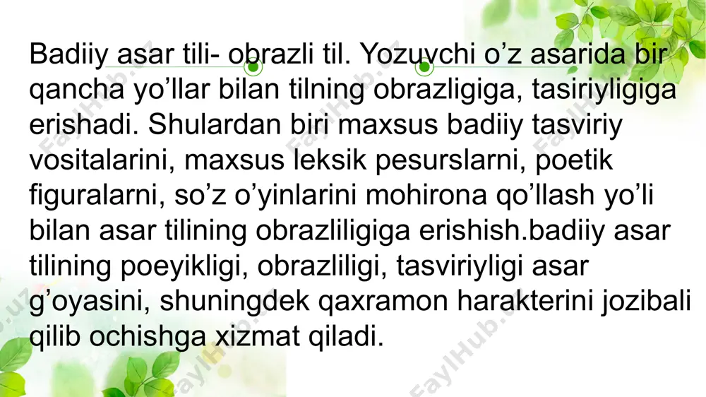 shtiradi. kompozitsiyaning asosiy maqsadi badiiy olam imidjiga moslikdir. bu maqsadga kompozitsion usullar yordamida erishiladi - takrorlang eng sodda va eng maqbul bo'lganidan biri, asarning boshlanishi va oxiri o'rtasida rulonli qo'ng'iroq o'rnatilganida maxsus badiiy ma'noga ega bo'lgan asarni, ayniqsa halqali kompozitsiyani osonlashtiradi. badiiy asarda qahramon nutqi monolog, polilog va dialog bo’lishi mumkin. monolog- asar qaxramonining suxbatdoshiga, o’ziga bazan kitobxon tomoshabinlarga qarata aytgan gap so’zi, nutqidir. monolog qaxramonning ruxiy kechinmalarini, fikr- muloxazalarini foydalaydi, obrazning mohiyatini ochadi. dialog – badiiy asarda ikki personaj orasida bo’lgan baxs-munozara, savol-javob, suxbat. polilog- asarda uch va undan ortiq personaj baxs-munozaralari, tortishuvi, savol-javobi. foydalanilgan adabiyotlar 1. "adabiyotshunoslikka kirish "d. quronov toshkent "o'qituvchi" 2018 2. arxiv.uz internet ma'lumotlari 3. adabiyotshunoslik nazariyasi x. to'xtaboboyev e'tiboringiz uchun tashakkur! image3.jpeg image4.jpeg image5.jpeg image6.jpeg image7.jpeg image8.jpeg image1.png image2.png image9.jpeg