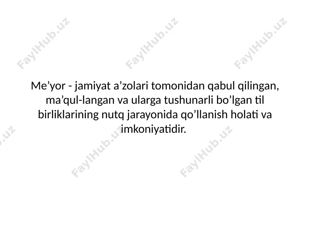 nalogik, b) leksik qatlam lug‘atlari. 5. so‘zligi hozirgi vaqtda ishlatilayotgan leksikami yoki tarixiy (davriyligiga), shunga ko‘ra 2 turga bo‘lish mumkin: a) zamonaviy, b) tarixiy so‘zlar lug‘atlari. qomusiy lug`at turlari o`zbek tilining izohli lug`ati 6. adabiy tilga oid leksik qatlamni yoki shevaga xos so‘zlarni o‘z ichiga olishi nuqtayi nazaridan 2 turga ajratsa bo‘ladi: a) adabiy til, b) dialektal lug‘atlar. 7. yozma yoki elektron ko‘rinish nuqtayi nazaridan ham 2 turga ajratsa bo‘ladi: a) bosma, b) elektron lug‘atlar. 8. o‘rgatishga bag‘ishlangan yoki umumiy foydalanishga asoslanganiga ko‘ra 2 guruhga ajratsa bo‘ladi: a) akadem, b) o‘quv lug‘atlari. 9. lug‘atlar bir tilda yoki bir-necha tilda ham bo‘lishi mumkin. shunga ko‘ra lug‘atlarni 2 guruhga ajratish mumkin. a) bir tilli (o‘z tilli), b) tarjima lug‘atlar. 10. ba’zi lug‘atlar so‘zligi izohlangan bo‘lishi bilan birga, so‘zlarning o‘zi izohsiz ham berilishi mumkin. shunga ko‘ra lug‘atlarni ikki turga ajratish mumkin: a) izohli, b) izohsiz lug‘atlar. tarjima lug`atlari image1.gif image2.jpeg image3.jpeg image4.jpeg image5.gif …