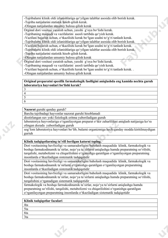 lik xususiyatlari, kanserogenligi, mutagenlik, embriotoksik ta’sir, qaramlikni keltirib chiqarish qobiliyati mavjudligini aniqlashni o‘z ichiga oladi ma’lum bir ta’sir qilish vaqtida 50% laboratoriya hayvonlarining o‘limiga olib keladigan konsentratsiyani topishni o‘z ichiga oladi. uzoq muddat qo‘llash davomida allergenlik xususiyatlari, kanserogenligi, mutagenlik, embriotoksik ta’sir, qaramlikni keltirib chiqarish qobiliyati mavjudligini aniqlashni o‘z ichiga oladi uzoq muddat qo‘llash davomida zaharlilikni aniqlashni o‘z ichiga oladi o‘ziga hos zaharlilikni o‘rganish o`z ichiga oladi……………… allergenlik xususiyatlari, kanserogenligi, mutagenlik, embriotoksik ta’sir, qaramlikni keltirib chiqarish qobiliyati mavjudligini aniqlashni o‘z ichiga oladi ma’lum bir ta’sir qilish vaqtida 50% laboratoriya hayvonlarining o‘limiga olib keladigan konsentratsiyani topishni o‘z ichiga oladi. uzoq muddat qo‘llash davomida teridagi toshmalarni uzoq muddat qo‘llash davomida zaharlilikni aniqlashni o‘z ichiga oladi oddiy randomizatsiya nima? butun randomizatsiya jarayonida teng miqdordagi guruhlarning yuqori saqlanishini ta’minlash bilan tavsiflanadi dastlab orginal preparatlarni farmakoterapevtik guruhlarga qarab ajratadi samaradorlikni oshirish va guruhning bir hilligini ta’minlash uchun ishlatiladi tasodifiy sonlar jadvalining bevosita qo‘llanilishiga asoslangan. bloklarni randomizatsiyalash …