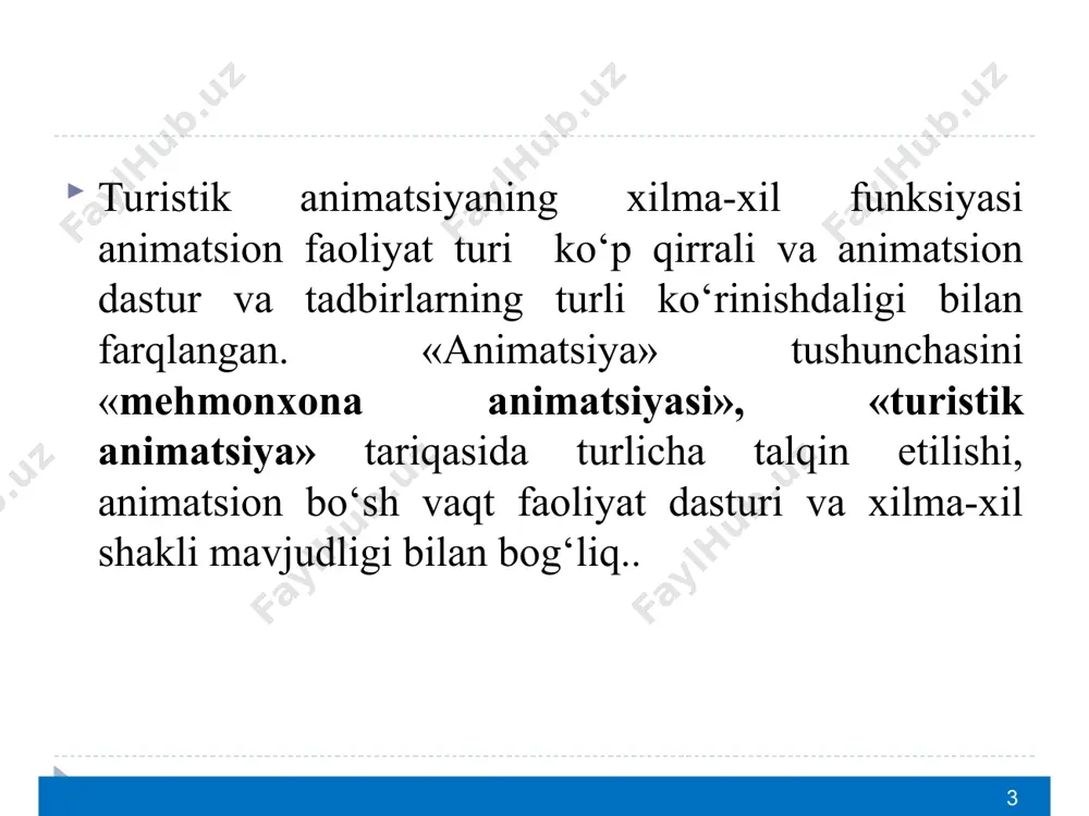 lanadi. o'yin-kulgi ehtiyoji mehmonxona animatsiyasida shinam xonalarda dam olish va turli ovqatlarni tatib ko’rishdan so’ng uchinchi o'rinda turadi. shuning uchun animatsiya mehmonxona tarkibidagi asosiy joylardan birini egallaydi va boshqalarga bevosita aloqador va alohida ahamiyatga ega bo'lgan alohida xizmatdir * ko‘zlangan maqsad mehmonxona xizmat ko‘rsatishining yangi falsafasini amalga oshirish, xizmat ko‘rsatish sifatini oshirish, turistning dam olishidan qoniqish hosil qilishiga erishish, mehmonxona marketing strategiyasidan jalb qiluvchi xizmatlardan biri sifatida foydalanishdir. animatsion faoliyat tipologiyasi * * har bir turiga belgilangan maqsadlarga muvofiq, animatsiya turizm va turistik musobaqa, sport bahsi va sport bilan shug‘ulalnish, tomosha tadbiri, bilish va ekskursion faoliyat hisoblanadi. har bir mehmonxonaning animatsion bazasi o‘zigagiga xos xususiyatlariga ega bo‘lishiga qaramasdan animatsion turdagi barcha xizmatlarni quyidagicha tuzish mumkin. (3.2- jadval). * * animator – turistik bozorda turistik-sport mahsulotini shakllantirish va sotish hamda turistlar sport-sog‘lomlashlashtirish faoliyatini tashkil etish bo‘yicha mutaxassis. animatsion sektorning professional jamoasi o‘yinlar, tanlovlar va sport musobaqalarini tashkil qiladi, o‘tkazadi, tomoshalar, teatral …
