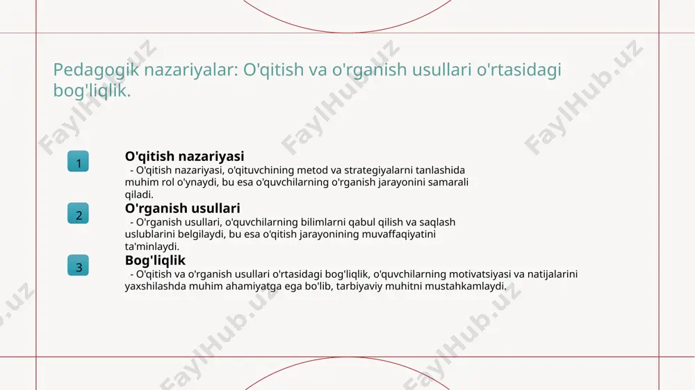 di. 03 o'qitish an'analari o'zbek xalq an'alarida o'qitish jarayoni ko'pincha o'zaro tajriba almashish, hikoyalash va dastlabki ta'limni o'z ichiga oladi, bu esa madaniy qadriyatlarni saqlaydi. 04 zamonaviy ta'lim zamonaviy o'zbek ta'limida innovatsion metodlar joriy etilmoqda, bu esa o'quv jarayonini yanada samarali va qiziqarli qilishga xizmat qiladi. o'zbek ta'limida milliy qadriyatlar va ularning ahamiyati. 1 o'zbek ta'limining mohiyati o'zbek ta'limida milliy qadriyatlar, xalq an'analari va urf-odatlarga asoslangan holda o'quvchilarni tarbiyalash va ma'naviyatini oshirishga qaratilgan. 2 milliy qadriyatlar o'zbek ta'limida milliy qadriyatlar, masalan, mehr-muhabbat, hurmat va adolatga asoslangan, o'quvchilarning etika va axloqiy qadriyatlarini shakllantiradi. 3 ta'lim samaradorligi milliy qadriyatlar ta'lim samaradorligini oshirib, o'quvchilarning o'ziga xos madaniyati va shaxsiyati rivojlanishiga yordam beradi, jamiyatning barqarorligini ta'minlaydi. zamonaviy o'zbek ta'limi: an'ana va innovatsiyalar uyg'unligi. 1 an'ana va innovatsiyalar o'zbek ta'limida an'anaviy qadriyatlar, masalan, oilaviy ta'lim va muqaddas an'analar, zamonaviy innovatsiyalar bilan birlashib, o'zaro uyg'unlik hosil qiladi. 2 o'qitish uslublari zamonaviy o'zbek ta'limida interaktiv o'qitish uslublari, …