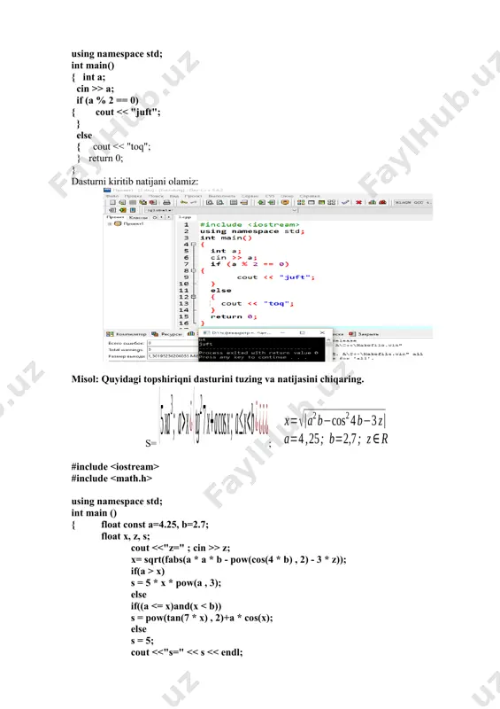tanaga ega bo’lishini talab qiladi. bo’sh operatorga mos keluvchi nuqta, vergul shu talabni bajarishga xizmat qiladi. 1 dan 10 gacha bo'lgan sonlarni chiqaruvchi dastur: #include using namespace std; int main() { for (int i = 1; i using namespace std; int main() { int n, s = 0; cout > n; for (int i = 1; i va da zarur bo'lgan o'rinda vergul bilan ajratib yozish mumkin. #include using namespace std; int main() { int n; cin >> n; for (int i = 1, j = 1; i >n; do s+=i++; while (i using namespace std; int main() { int i = 1; do { cout using namespace std; int main() { float i = 1; // i - sikl uchun float s = 0; // s - yig'indi do { s += 1 / i; i++; } while ( i using namespace std; int main() { int i = …