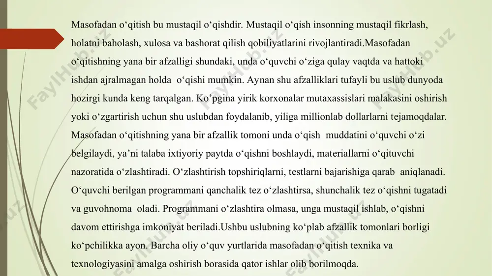 el. ushbu model faqat masofaviy o‘quvchilar bilan ishlash uchun yaratiladi. ularning har bittasi virtual o‘qituvchiga biriktirilgan bo‘lishadi. konsultatsiyalar va yakuniy nazoratlarni topshirish uchun esa regional bo‘limlar bo‘lishi shart. shunday o‘quv kurslarda o‘qituvchi va o‘quvchilarga o‘quv shaklini va formasini tanlashda katta imkoniyatlar va ozodliklar beriladi. bu modelga misol qilib buyuk britaniyaning ochiquniversitetidagi (http://www.ou.uk) ta’limni olish mumkin. ikkilamchi model. ushbu model masofaviy va kunduzgi ta’lim o‘quvchilar bilan ishlash uchun yaratiladi. ikkala guruhda bir xil o‘quv dasturi va darslar jadvali, imtixonlar va ularni baxolash mezonlari mavjud. shunday o‘quv muassasalarda kunduzgi kurslarning soni masofaviylarga qaraganda ko‘p. ushbu masofaviy kurslar pedagogika va uslubiyotdagi yangi yo‘nalishlarni izlanishlarida qullaniladi. aralashgan model. ushbu model masofaviy va kunduzgi ta’lim turlarini integratsiyalashtirish uchun yaratiladi. o‘quvchilar o‘quv kursning bir qismini kunduzgi, boshqa qismini esa masofadan o‘qiydi. shu bilan birga bu ta’lim turiga virtual seminar, prezentatsiyalar va lektsiyalar o‘tkazish ham kiradi. bu modelga misol qilib yangi zelandiyadagi massey universitetidagi (http://www.massey.ac.nz) ta’limni olish …
