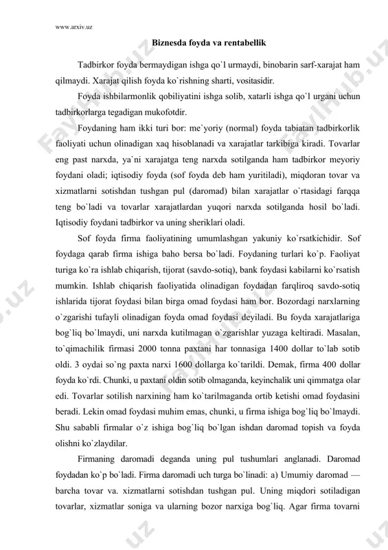 `lgan ishdan daromad topish va foyda olishni ko`zlaydilar. firmaning daromadi deganda uning pul tushumlari anglanadi. daromad foydadan ko`p bo`ladi. firma daromadi uch turga bo`linadi: a) umumiy daromad — barcha tovar va. xizmatlarni sotishdan tushgan pul. uning miqdori sotiladigan tovarlar, xizmatlar soniga va ularning bozor narxiga bog`liq. agar firma tovarni ko`p chiqarsa va yaxshi narxda sotsa, umumiy daromad ko`payadi. b) o`rtacha daromad — tovar birligini sotishdan tushgan pul. uni topish uchun umumiy daromad sotilgan tovarlar miqdoriga bo`linadi. v) me`yoriy daromad— qo`shimcha ravishda sotilgan tovardan tushadigai qo`shimcha pul. uni aniqlash uchun tushgan umumiy pul(daromad) o`simi qo`shimcha sotilgan tovarlar miqdoriga bo`linadi. bu ko`rsatkich tovarlarni qo`shimcha ishlab chiqarish umumiy daromadni qanchalik oshirishni ko`rsatadi. agar umumiy daromad xarajatga teng bo`lsa, natija nolga teng, ya`ni foyda ko`rilmaydi. хar bir firma foydani eng ko`p darajaga ko`tarishga intiladi. buning uchun tovarlarni ko`proq chiqarish shart. demak, me`yoriy.daromad ortib borishi kerak. ammo bunga erishmoq uchun hech bo`lmaganda xarajatlar o`zgarmasligi yoki …
