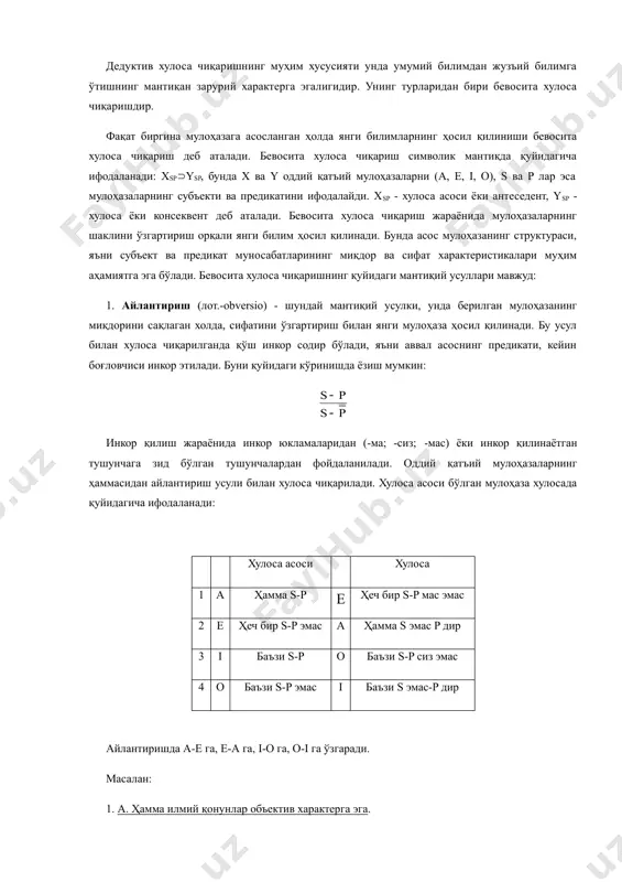 лий маълумотлилар врачлардир. 5. i. баъзи одамлар шоирдир. ҳамма шоирлар одамдир. жузъий инкор мулоҳазадан (о) алмаштириш усули билан хулоса чиқариб бўлмайди, чунки бу мулоҳазанинг предикати тўлиқ ҳажмда олинган. демак, у хулосада ҳам тўлиқ ҳажмда олиниши керак, яъни хулоса умумий инкор мулоҳаза (е) бўлиши керак. у ҳолда хулосанинг предикати ҳам тўлиқ ҳажмда олиниши керак бўлади, бу эса мумкин эмас, чунки у асоснинг субъектида тўлиқ ҳажмда олинмаган. масалан: о. баъзи файласуфлар мантиқшунос эмас. е. ҳеч бир мантиқшунос файласуф эмас. ёки о. баъзи мантиқшунослар файласуф эмас. ҳар икки ҳолатда ҳам хулоса нотўғридир. демак, алмаштириш усули қўлланилганда мулоҳазадаги субьект ва предикат ҳажми аниқланади ва шу асосда мулоҳазадаги терминларнинг ўрни алмаштирилиб, хулоса чиқарилади. бу усул, айниқса, тушунчага берилган таърифларнинг тўғрилигини аниқлашда муҳим аҳамиятга эга. iii. предикатга қарама-қарши қўйиш (лот. contrapositio) бевосита хулоса чиқаришнинг мантиқий усулларидан бири бўлиб, бу усул қўлланилганда берилган мулоҳаза аввал айлантирилади, сўнгра алмаштирилади. натижада ҳосил қилинган мулоҳазанинг (хулосанинг) субъекти асос мулоҳаза предикатига …