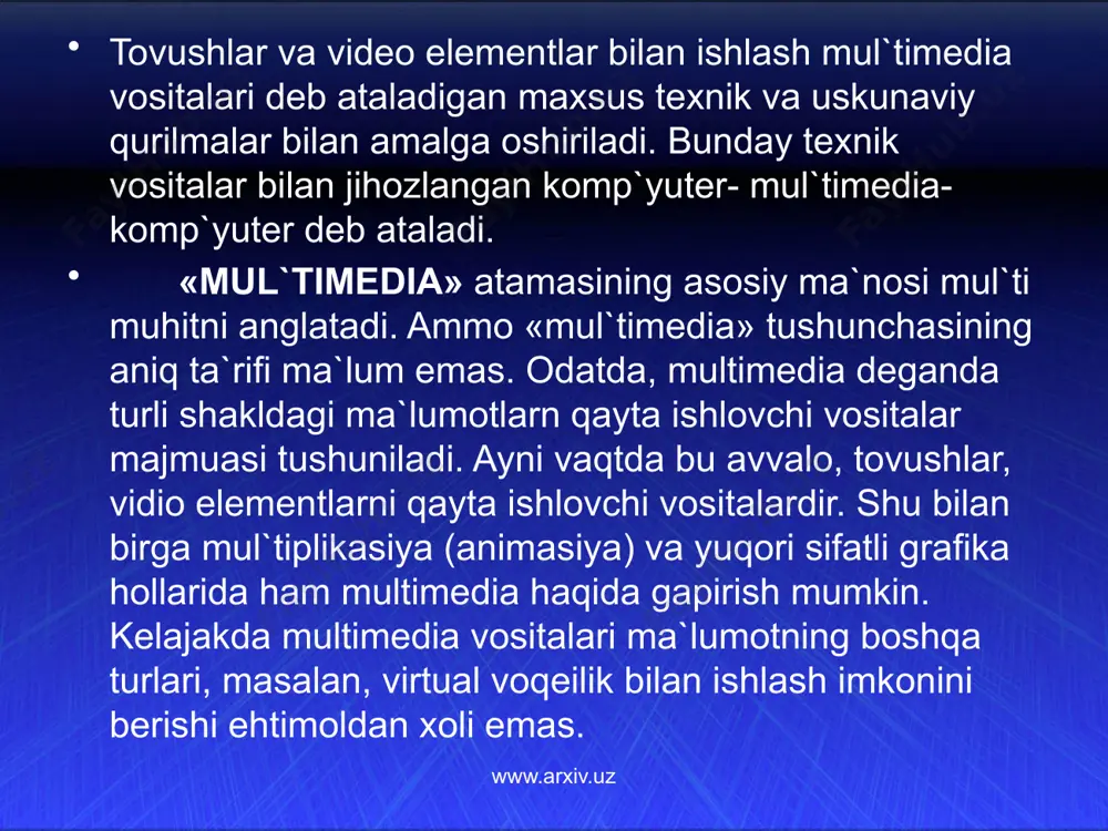 nsub texnik vositalarga mos ma`lumotni, masalan, tovush va videoelementlarni, taqlidli, uzluksiz shakldan komp`yuter tushunadigan raqamli shaklda o`tkazadi. shu bilan birga, saqlangan va qayta ishlangan mos ma`lumotni inson adekvat qabul qila olishi uchun mul`timedia qiziqtirayotgan raqamlardan zarur obrazlar, masalan, tovush va videoelementlar yaratadi. mul`timedia- komp`yuterning zaruriy elementi, tovushni qayta ishlovchi tovush platasidir. tovush platasiga tovush chiqarish vositasi, akustik tizimlar yoki yakka tinglagichlar, hamda audio ma`lumotlarni kiritish uchun xizmat qiladigan mikrofonlar ulanadi. tovush platasiga, shuningdek, magnitofon, elektr musiqa asboblari kabi audio komplektlar ham ulanishi mumkin www.arxiv.uz video bilan to`laqonli ishlash uchun video ma`lumotnikomp`yuterga mos shaklga va asliga qaytaruvchi moslama video karta zarur. unga videokamera, videomagnitofon va televizor kabi moslamalar ulanishi mumkin. ammo, videoshakllarini komp`yurerga qayta ishlash bilan odatda tor doiradagi mutaxassislar shig`ullanadi xolis. aksariat foydalanuvchilar uchun video elementlarni monitorda ifodalay olish etarli bo`ladi. shunday masalani hal etish uchun har qanday zamonaviy komp`yuterda mavjud bo`lgan videoadabter va monitor etarlidir. tovushli (audio)va ayniqsa video …