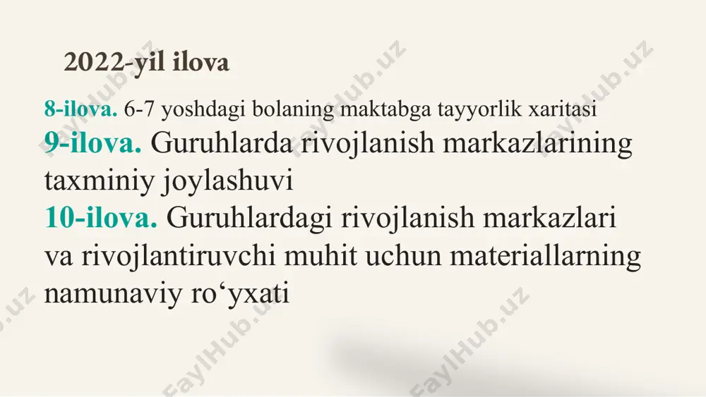 jarayonida barcha rivojlanish sohalarining o‘zaro bog‘liqligini, shuningdek, ta’lim olishning turli xil va har tomonlama imkoniyatlari va har bir rivojlanish sohasi bo‘yicha integratsiyani ta'minlash zarurligini belgillaydi. ● bolaning sog‘lig‘ini saqlash, mustahkamlash va xavfsiz muhitni ta'minlash. bolaning turli ehtiyojlarini, shu jumladan, harakatga bo‘lgan ehtiyojini qondirish; faol o‘yinlar va kundalik jismoniy mashqlar orqali bolalar o‘zlarining his-tuyg‘ularini, yirik va mayda motorika ko‘nikmalarini rivojlantiradilar; harakatda atrof-olamni o‘rganadilar va turli predmetlarni boshqaradilar; o‘z tanasining ta’sir va imkoniyatlarini farqlay oladilar, unga g‘amxo‘rlik qilishni va sog‘lom turmush tarzini qabul qilishni boshlaydilar. ● o‘yin orqali ta’lim olish va rivojlantirish. o‘yin maktabgacha yoshdagi bolalarga ta’lim berishda muhim yondashuvdir. o‘yin quvonch keltiradi va bolalarni rag‘batlantiradi, ularga yangi ko‘nikma va bilimlarni o‘rganishga, o‘zini va atrofidagi dunyoni bilishga imkon beradi. mt bolaning o‘yin huquqini tan oladi, o‘yinning bola uchun muhimligini va uning individual rivojlanishi, ta’lim olishi va farovonligiga ko‘maklashishdagi pedagogik imkoniyatlari tan oladi. ● mttning oila, mahalla, maktab bilan hamkorligi. bolaning farovonligi uning …