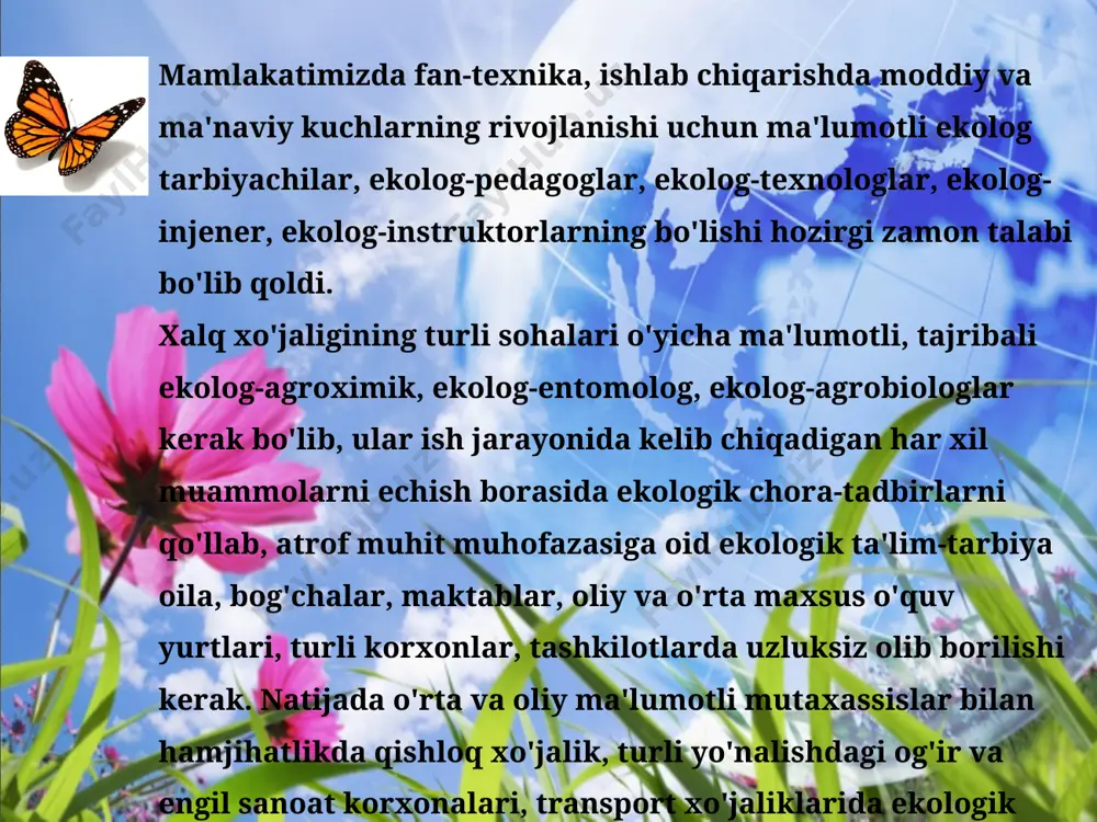 h, tejash borasida yoshlarni ekologik iqtisodchi qilib yetishtirish kerak; voqelikni o'rganish, muhitni muhofaza qilish borasida bog'cha, maktab bolalaridan toritib, yuqori yoshdagi rahbarlarda ekologik ta'lim-tarbiyaga nisbatan chidam, bartosh, toqat ko'nikmalar hosil qilib, ularga atrof-muhitga oid ta'lim beradigan qisqa va ko'p yillik kurslarni tashkil qilish shart; ekologik ta'lim-tarbiya olgan kishilar o'zlari yashab turgan joylarning ekologik holatidan xabardor bo'lishlari, yoshlarga o'rgatishlari, tabiatda biror-bir ekologik o'zgarish sodir bo'lsa, kerakli tashkilotlarga xabar berish yo'llarini bilishlari kerak. ekologik ta'lim-tarbiyani o'quv muaassalarida olib borish. ekologik ta'lim-tarbiyani bog'chalar va maktablarda olib borish yo'llari. tabiat, uning go'zalligi va tabiiy boyliklarni saqlash borasidagi ishlarni oila, bog'cha bolalari va maktab o'quvchilari orasida olib borishdan boshlab, yosh va o'sib kelayotgan avlodni atrof muhit, undagi o'simlik, hayvon, suv va tuproqqa mehr-shafqatli, ularni asraydigan, boyitadigan jonkuyar qilib tarbiyalash kerak. shu maqsadlarga erishish uchun bog'cha bolalarini maxsus «ekologik ta'lim-tarbiya metodikasi», «tabiat bilan tanishish» kabi dasturlar asosida tarbiyalash hamda turli o'yinlar vositasi bilan tabiatga oid ekologik …