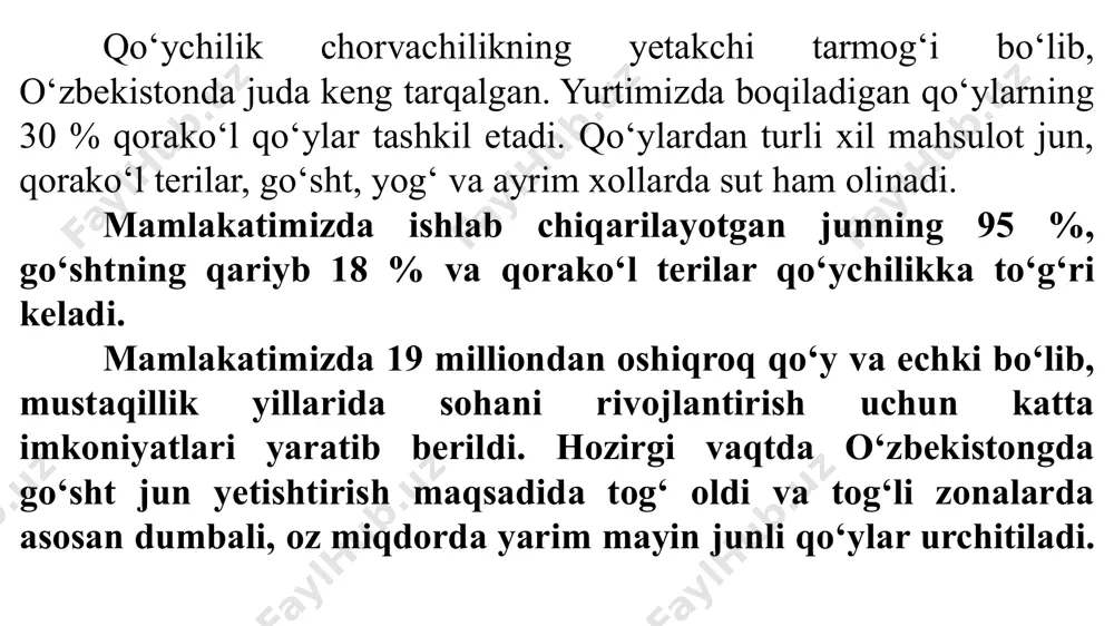 yarim dag‘al junli qo‘ylar. dag‘al junli qo‘ylar qo‘ylardan quyidagi junlar olinadi: mayin jun – yilida bir marta mayin junli va duragay qo‘ylardan qirqib olinadi. uning sifati asosan 60 sifatdan past bo‘lmay, albatta oq rangda bo‘lishi shart. yarim mayin jun – bir yilda bir marta yarim mayin jun beruvchi qo‘ylardan qirqib olinib, 58-50 sifat va oq rangda bo‘lishi kerak. yarim dag‘al jun – mayin va dag‘al junli qo‘ylarning duragaylari hamda saradja zotli qo‘ylardan yiliga 2 marta qirqib olinadi. bu jun bir xil bo‘lmagan junlar toifasiga kirib 48-46 sifatga ega, oq rangda bo‘ladi. dag‘al jun – bir xil bo‘lmagan, har xil rangdagi jun bo‘lib dag‘al junli qo‘ylardan yiliga ikki marta qirqib olinadi. romanov zotli qo‘ylar yiliga 3 marta qirqiladi. hozirgi vaqtda qo‘ylarning asosiy mahsuldorligi bo‘yicha m.f.ivanov ishlab chiqqan xo‘jalik klassifikatsiyasidan foydalaniladi. ana shu klassifikatsiyaga muvofiq urchitiladigan hamma qo‘y zotlari jun qoplamining tavsifi bo‘yicha to‘rtta guruhga bo‘linadi: mayin junli qo‘y zotlari: serjun - …