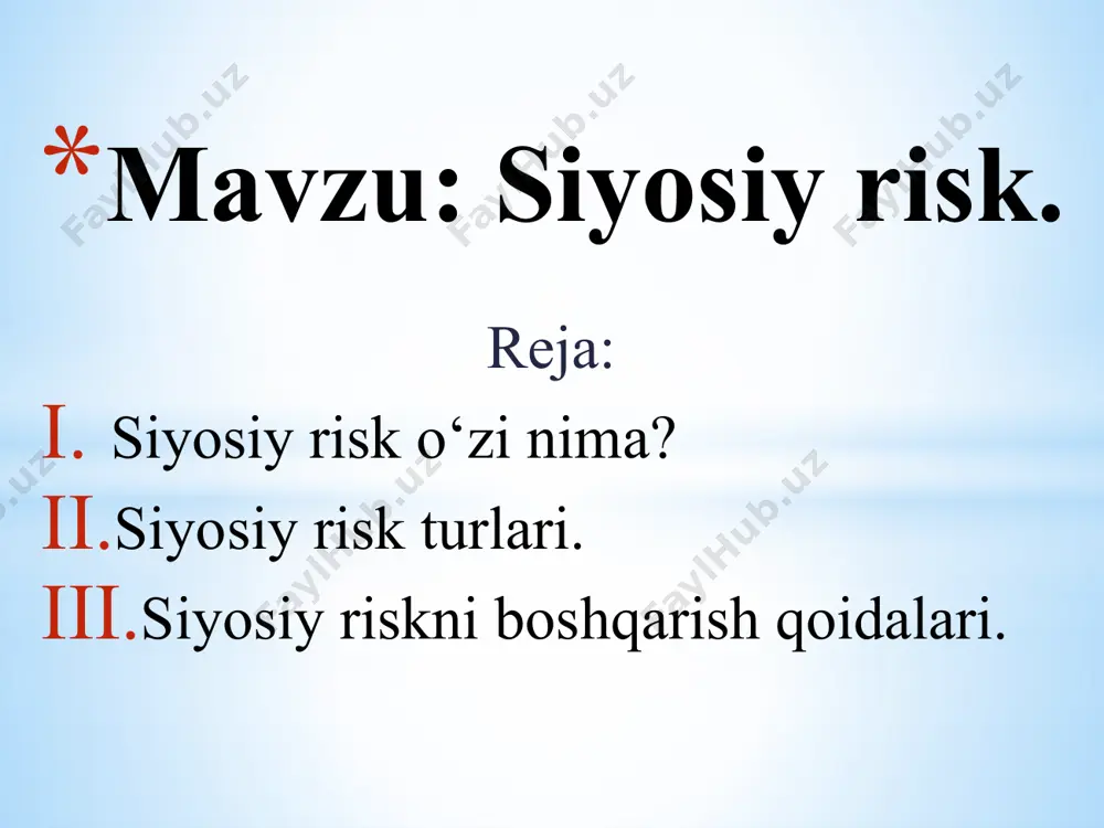 piladi vabu qiymatlardan eng kichigigamos strategiya ishlab chiqiladi. oddil pisimistik. laplas qoidasi (o’rtacha yutuqga ishonish)-o’rtacha yutug’i eng katta bo’lgan strategiya tanlanadi va satirlar bo’yicha o’rtachaqiymat topiladi, bu qiymatlardan katta strategiya yasaladi. gurveds qoidasi – bu qoida extiyotkorlik qoidasi deb ham yurtilib ixtiyoriy vaziyat uchun 0 va 1 oralig’ida qiymatlar kritish orqali o’ta aptimistik va o’ta pisimistik ko’rsatgichlar max.min strategiyalarga ajratiladi va bu qoidaning so’ngida kompramis (murosa qilish) oxirgi zarurat sifatida baxolanadi. xulosa: siyosiy risk doimiy pesimistik yoki optimistik yondashuv bilan oshirilshi ko’p yo’qotishlarga sabab bo’lshi mumkin. bu paradoks valdga xos max.min umuman tavakkal qilmaslik oqibatida zarar ko’rmaslikni yoki optimizim qoidasiga ko’ra tavakkalni e’tiborga olmaslik ham zarur paradoksni keltrib chiqaradi. laplas yoki gurvids qoidalariga ko’ra riskga ishinish ham zarar omilining oqibati yoki sababi bo’lshi mumkin. aksioma: risk qaror qabul qilishda uni min.max darajasiga emas sharitning extimolini baxolanishiga qaratilgan qaror qabul qilsih maqsadga muvofiq. foydalangan adabiyotlar: 1. https://www.risk.net 2.https://www.fivebooks.com 3. https://www.routledge.com 4. …