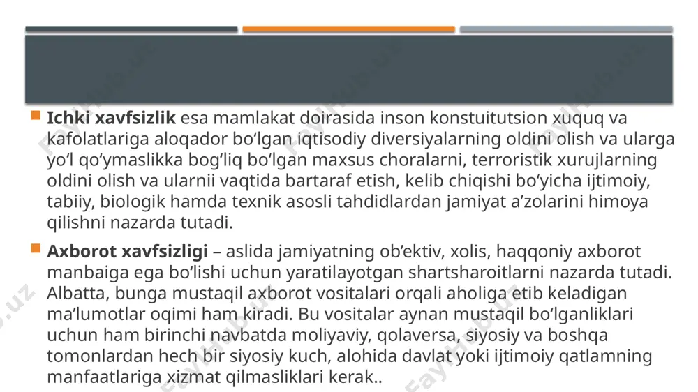 ila va jamiyat hayotida jiddiy ta’sir ko‘rsatadigan ma’naviy tahdidlar hisoblanadi. ma’naviy tahdidlar shaxs axloqiy ongida salbiy tushunchalar, tuyg‘ular, xususiyatlar va sifatlarni hosil qiluvchi illatlar majmuidir. chunki “tahdid” so‘zi xavfxatar, xuruj va buzish ma’nolarini anglatadi. shu ma’noda ma’naviy tahdidlar shaxsni aqliy va axloqiy jihatdan buzishga qaratilgan maqsadli xurujlar hisoblanadi. s.m. yo‘ldosheva tadqiqotlariga ko‘ra, ma’naviy tahdidlar bir necha ko‘rinishdan iborat bo‘lib, birinchi ko‘rinish mafkuraviy xurujlarni o‘z ichiga qamrab oladi. bunda asosiy e’tibor shaxs fikrini buzish, shaxs dunyoqarashini aynitish va shaxs pozitsiyasini o‘zgartirishga qaratiladi. noto‘g‘ri fikrlash, mutaassibona dunyoqarash va zararli hayotiy pozitsiya shaxsning mafkuraviy nosog‘lomligini anglatadi. ma’naviy tahdidning ikkinchi ko‘rinish g‘oyaviy tahdiddir. bu xuruj ham uch ma’noga ega bo‘lib, bunda asosiy e’tibor shaxs xulq-atvorini aynitish, shaxs axloqiy munosabatlarini izdan chiqarish va shaxs muomalasini buzishga qaratiladi. zararli xulqatvor, nosog‘lom axloqiy munosabat va qo‘pol muomala shaxsning xulqi zaifligidan dalolat beradi. ma’naviy tahdidning uchinchi ko‘rinishi informatsion xujumdir. bunda asosiy e’tibor shaxsga noto‘g‘ri ma’lumot berish, shaxs bilimini …