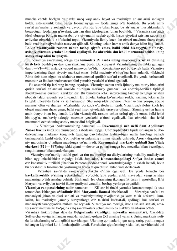 san’at shakllana bordi, juda ko‘p mahalliy mak-tablar paydo bo‘la boshladi. xalq san’ati, amaliy-dekora-tiv san’at rivojlandi, buni xristian dini tarqalgan yer-larda cherkovlar, islom dini mamlakatlarida machitlar, bud-dizm mavjud bo‘lgan joylarda budda va uning hayoti bilan bog‘liq bo‘lgan ziyoratgohlar, ibodatxonalar paydo bo‘lishi, ularning konstruktiv tuzilishi, xarakteri, badiiy bezati-lishida ko‘rish mumkin. albatta, o‘rta asrlar san’atida faqat din ideologiyasidan boshqa ideologiya yo‘q, deyish noto‘g‘ri bo‘-lardi. hayot go‘zalligini tarannum etuvchi, tabiat latofatini aks ettiruvchi asarlar ham yo‘q emas. xalq fantaziyasi bilan yaratilgan ertak va dostonlarda, tasvir va haykallarda ular-ning olijanoblik, insoniylik, ma’naviy poklik to‘g‘risidagi tushunchalari, o‘y-xayollari, orzu-istaklari o‘z ifodasini topgan. . o`rta asrlar san’atida me’morlik yetakchi o‘rinni egalladi. bizgacha o‘rta asrlar me’morlik san’atining juda ko‘p nodir yodgorliklari saqlanib qolgan. bu yodgorliklar, ayniqsa, monu-mental me’morlik san’ati o‘rta asrlar ijtimoiy, iqtisodiy va madaniy hayotini o‘rganishda muhim o‘rinni egallaydi. ular davrning diniy, falsafiy qarashlarini aks ettiribgina qol-may, inson aql-zakovatining qudratini ulug‘laydi. bu davrda qurilgan yevropadagi ibodatxonalar, musulmon sharqidagi …