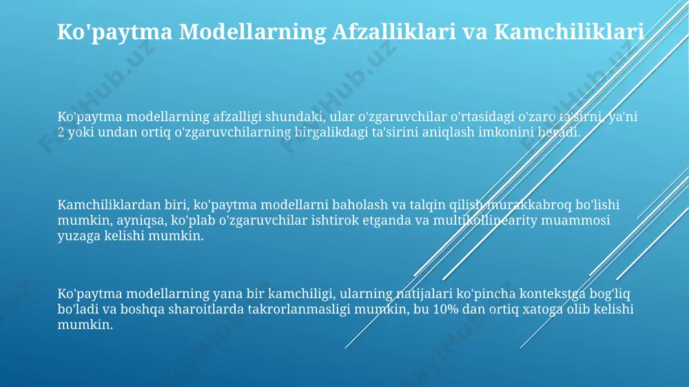 -statistikasi va individual koeffitsiyentlarning t-statistikasi kabi 3 ta asosiy mezonlarni hisobga olish kerak, bu esa modelning mosligi va statistik ahamiyatini aniqlashga yordam beradi. qo'shma modellarga regressiya tahlili orqali 2 yoki undan ortiq mustaqil o'zgaruvchilarning bog'liq o'zgaruvchiga ta'sirini qo'shish orqali baho beriladi, bu erda koeffitsiyentlar har bir o'zgaruvchining chegaraviy ta'sirini aks ettiradi. ko'paytma modellarni qurishning asosiy tamoyillari ko'paytirish modellari parametrlarining ishonchliligiga erishish uchun kamida 30 ta kuzatish va past multikollinearlik koeffitsiyentiga ega bo'lish kerak. ko'paytma modellarda o'zgaruvchilarning o'zaro ta'sirini hisobga olish uchun 2 yoki undan ortiq mustaqil o'zgaruvchilarning ko'paytmasi sifatida yangi o'zgaruvchi yaratiladi, bu o'zaro ta'sir effektlari tahlilini ta'minlaydi. modelning mos kelishini baholashda r-kvadrat va f-statistikasi kabi ko'rsatkichlardan tashqari, dw statistikasi va o'zaro korrelyatsiya kabi diagnostika testlari ham qo'llaniladi. modellarning parametrlarini baholash usullari maksimal ehtimollik (me) metodi, ehtimollik funksiyasini maksimal qiymatga yetkazish orqali, model parametrlarini 100 ta kuzatish yoki undan ko'p bo'lgan katta ma'lumot to'plamlarida baholashda samarali. oddiy eng kichik kvadratlar …