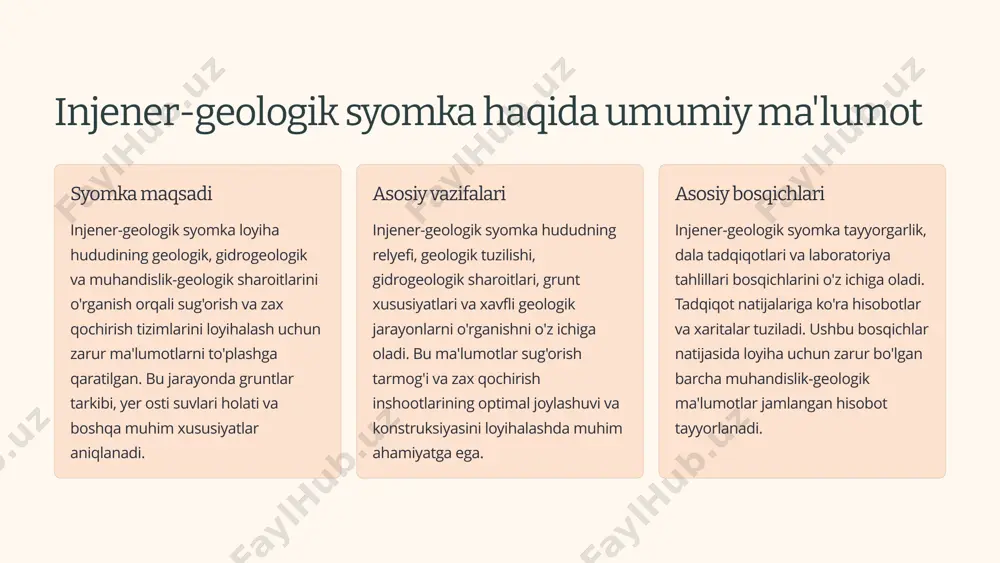 maydonlarni qamrab olish va umumiy geologik sharoitlarni aniqlash imkonini beradi. shuningdek, dastlabki tadqiqotlar uchun optimal variant hisoblanadi. topografik asos injener-geologik tadqiqotlar 1:10000 masshtabdagi topografik xarita asosida o'tkaziladi. bu aniqlik sug'orish tizimlarini loyihalash uchun yetarli bo'lib, relyef xususiyatlarini, mavjud suv o'tkazgichlarni va boshqa muhim elementlarni ko'rsatadi. maydon kattaligi syomka maydoni loyihalanayotgan sug'orish maydonidan 1.3 barobar katta bo'lishi kerak. bu qo'shimcha hudud chegaradosh hududlarning ta'sirini hisobga olish, suv manbalari va oqimlarini to'liq o'rganish uchun zarur hisoblanadi. 3 injener-geologik syomka tarkibi gidrogeologik tadqiqotlar yer osti suvlari rejimi, chuqurligi, kimyoviy tarkibi va oqim yo'nalishlarini o'rganish. bu tadqiqotlar natijasida sug'orish maydonlarining gidrogeologik sharoitlari to'g'risida ma'lumotlar olinadi va zax qochirish tizimlarini loyihalash uchun asos yaratiladi. 1 meliorativ tadbirlar asoslash tuproq-meliorativ sharoitlarni o'rganish asosida meliorativ tadbirlar ishlab chiqiladi. sho'rlangan tuproqlarni yuvish, zax suvlarni qochirish va sug'orish rejimini belgilash uchun zarur ma'lumotlar to'planadi. 2 inshootlar konstruksiyasini o'rganish sug'orish va zax qochirish inshootlari konstruksiyalarini loyihalash uchun grunt xususiyatlari, ularning …