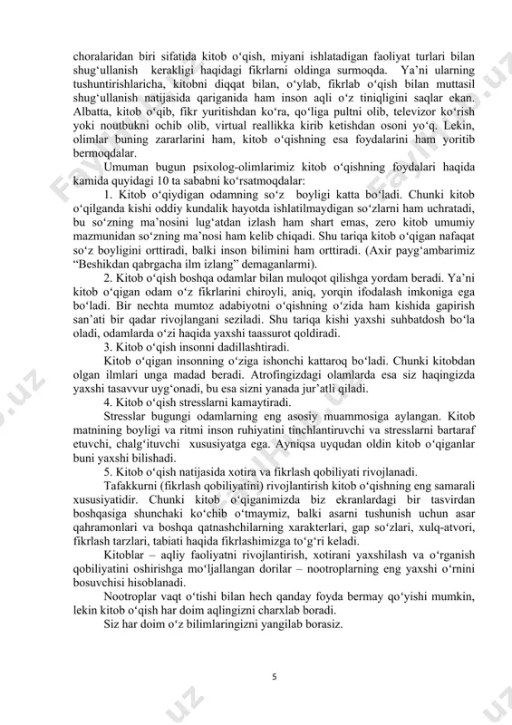 har bir o‘g‘il-qiz shu vatanning eng ko‘rkam va baxtli dilbandi bo‘la oladi. sohibqiron amir temur taʼbiri bilan aytganda, “kitob (bitig) barcha bunyodkorlik, yaratuvchilik va aql-idrokning, ilm-u donishning asosidir, hayotni yaratuvchi murabbiydir”. shu maʼnoda, shaklidan qatʼi nazar, barcha kitoblar milliy oʻzligimiz hamda umuminsoniy qadriyatlarni targʻib etishga xizmat qilishi ayni muddao. alisher navoiy hazratlari deydilarki, “kitob – beminnat ustoz, bilim va maʼnaviy yuksalishga erishishning eng asosiy manbai”. xalqimizda kitob oʻqib, munosib taʼlim-tarbiya olish, ilm-fan bilan shugʻullanishning ahamiyatiga doir maqollar ham juda koʻp. jumladan, “kitobsiz aql – qanotsiz qush”, “baxt belgisi – bilim”, “bilim – aql chirogʻi”, “ilm baxt keltirar, bilim taxt keltirar”, “hunar – oqar buloq, ilm – yonar chiroq”, “oltin olma, bilim ol, bilim olsang, bilib ol”. bunday purhikmat naqllarni uzoq davom ettirish mumkin. jahon adabiyoti vakillari ham kitoblarning inson hayotidagi tarbiyaviy ahamiyatini koʻplab asarlarida aks ettirishgan. masalan, lev tolstoyning “urush va tinchlik” asari insoniyatning eng buyuk axloqiy darslaridan biri boʻlib, …