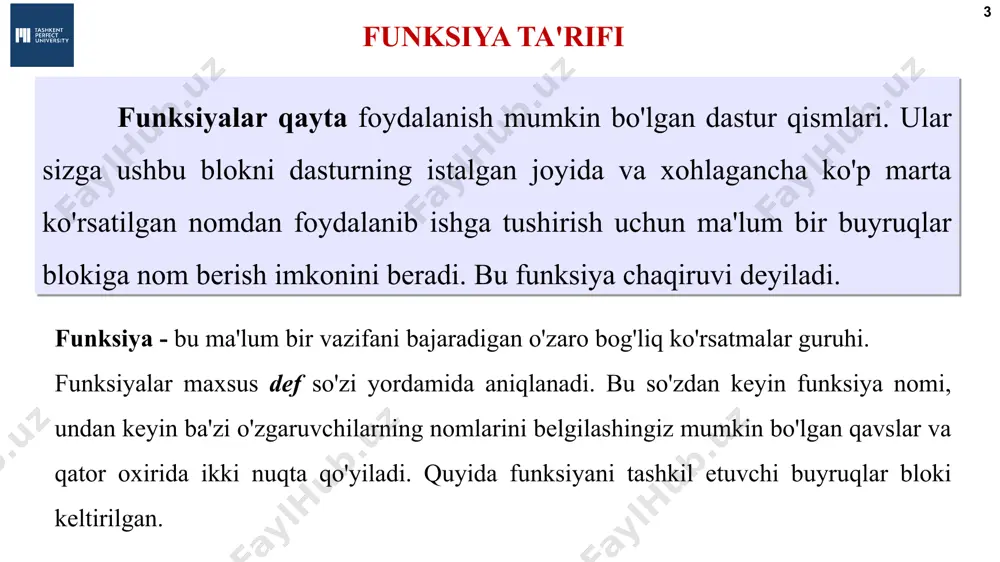 qaytaradi алгоритмы и программирование, язык python, 10 класс  к.ю. поляков, е.а. ерёмин, 2018 http://kpolyakov.spb.ru funksiyaga misol * natija алгоритмы и программирование, язык python, 10 класс  к.ю. поляков, е.а. ерёмин, 2018 http://kpolyakov.spb.ru * funksiyaga misol natija алгоритмы и программирование, язык python, 10 класс  к.ю. поляков, е.а. ерёмин, 2018 http://kpolyakov.spb.ru funksiya parametrlari * funksiya parametrlari - bu mos keladigan natijani olish uchun funksiyaga o'tkazishimiz mumkin bo'lgan ba'zi kirish ma'lumotlari. siz bir xil funksiyaga ko'p marta chaqirib olishingiz mumkin, ya'ni bir xil kodni qayta-qayta yozishga hojat yo'q. parametrlar o'zgaruvchilarga o'xshaydi, bundan tashqari bu o'zgaruvchilarning qiymati funksiya chaqirilganda ko'rsatiladi va funksiya ishga tushganda ularga allaqachon o'z qiymatlari tayinlanadi. parametrlar funksiyani e'lon qilishda qavs ichida ko'rsatiladi va vergul bilan ajratiladi. biz funksiyani chaqirganimizda xuddi shunday qiymatlarni o'tkazamiz. алгоритмы и программирование, язык python, 10 класс  к.ю. поляков, е.а. ерёмин, 2018 http://kpolyakov.spb.ru * funksiyaga misol natija алгоритмы и программирование, язык python, 10 класс …