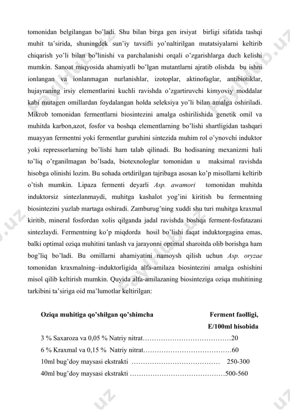 jadal ravishda boshqa ferment-fosfatazani sintezlaydi. fermentning ko’p miqdorda hosil bo’lishi faqat induktorgagina emas, balki optimal oziqa muhitini tanlash va jarayonni optimal sharoitda olib borishga ham bog’liq bo’ladi. bu omillarni ahamiyatini namoysh qilish uchun asp. oryzae tomonidan kraxmalning–induktorligida alfa-amilaza biosintezini amalga oshishini misol qilib keltirish mumkin. quyida alfa-amilazaning biosinteziga oziqa muhitining tarkibini ta’siriga oid ma’lumotlar keltirilgan: oziqa muhitiga qo’shilgan qo’shimcha ferment faolligi, e/100ml hisobida 3 % saxaroza va 0,05 % natriy nitrat…………………………………20 6 % kraxmal va 0,15 % natriy nitrat…………………………………60 10ml bug’doy maysasi ekstrakti ………………………………… 250-300 40ml bug’doy maysasi ekstrakti ……………………………………500-560 muhitning asosiy komponentlarini 1,5 martaga oshirganda………………………………………………………….1000-1100 mikrobni o’sishi va fermentni sintezlanishini jadallashtirish uchun oziqa muhitiga qo’shimcha ravishda tarkibida o’sish omili bo’lgan damlama yoki ekstrakt qo’shiladi. eng avvalo ular jumlasiga aminokislotalar kiradi. ular hujayra ichiga osongina kiradi va fermentni sintezlanishiga ta’sir ko’rsatadi. shuningdek o’sish omillari jumlasiga purin asoslari va ularning hosilalari, rnk va uning parchalanish mahsulotlari ham kiradi. produsentni chuqur uslubda …