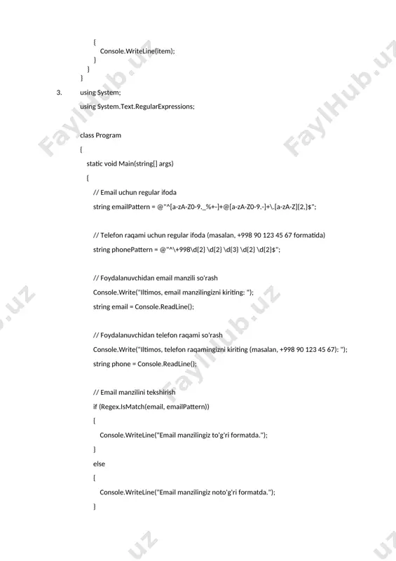 s.generic; class mudastur { static void main() { // butun sonlar ro‘yxati list musonlar = new list { 10, 20, 30, 40 }; console.writeline("butun sonlar:"); foreach (var muson in musonlar) { console.write(muson + " "); } console.writeline("\n"); // matnlar ro‘yxati list muismlar = new list { "ali", "vali", "sami" }; console.writeline("ismlar:"); foreach (var muism in muismlar) { console.write(muism + " "); } console.writeline("\n"); // aralash turdagi ob’yektlar ro‘yxati list muaralashro'yxat = new list { 123, "c#", 45.6, true }; console.writeline("aralash ro‘yxat:"); foreach (var muelement in muaralashro'yxat) { console.write(muelement + " "); } } } 6. using system; using system.collections.generic; namespace consoleexample { class program { static void main(string[] args) { // ro'yxatni saqlash uchun list ishlatamiz list items = new list (); console.writeline("konsol ilovasiga xush kelibsiz!"); console.writeline("matn kiriting va enter tugmasini bosing (chiqish uchun 'exit' deb yozing):"); while (true) { // foydalanuvchidan matn olish console.write("matn: "); string input = console.readline(); …