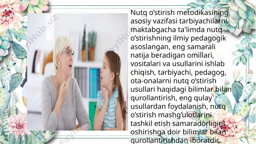 psum dolor sit amet, consectetuer adipiscing elit. aenean commodo ligula eget dolor. part four nutq o’stirish metodikasi pedagogik fan sifatida rivojlantiruvchi vazifani bajaradi. ya'ni usulika bolalar nutqini o’stirish orqali ularning nutq a'zolarini anatomik-gimnastik mashq qildirish orqali nutqning ravon tushunarli bo’lishini ta'minlaydi: bolalar tafakkuri, aqliy faoliyatini rivojlantiradi, ularda nutq odobi, ma'naviy barkamollikni shakllantiradi. chunki yaxshi rivojlangan nutq tushunarli ta'sirchan bo'ladi, bola o’z nutqini to’zatib boradi. thank you image1.png image2.png image5.png image6.png image7.jpeg image8.jpeg