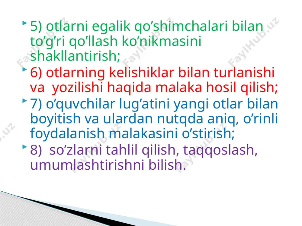 haxs-sonini aniqlash; matnda berilgan otga tushirib qoldirilgan egalik qo’shimchasini qo’shish; narsa qaysi shaxs yoki shaxslarga qarashli ekanini aytish kabi mashqlardan foydalaniladi. amaliy ko’nikma kelishik otlarning gapda boshqa so’zlar bilan munosabatini ifodalaydi. kelishiklarni o’rgatishda o’quvchilarning gapda so’zlarning bog’lanishini bilishlari nazarda tutiladi. kelishiklarni bilish uchun o’quvchi ot gapda qaysi so’z bilan bog’langanini aniq bilishi kerak. otlarning kelishikda turlanishi 4-sinfda ot ustida ishlash 1) otlarning kelishiklar bilan turlanishi haqida tushuncha berish; 2) ko’plikdagi otlarning turlanishini o’rgatish; 3)kelishik xususiyatini o’rganish va qo’shimchalarning yozilishini o’zlashtirish otlarning kelishik qo’shimchalari bilan o’zgarishi turlanish deyiladi. bolalarga kelishiklarning joylashish tartibi; so’roqlari va bosh kelishikdan boshqa kelishiklarning aniq qo’shimchalari mavjudligi tushuntiriladi. bosh kelishikdagi ot gapda ega vazifasida, boshqa kelishikdagi otlar esa ikkinchi darajali bo’lak vazifasida keladi. otlarning turlanishi so’roq berish * kelishiklarni bilib olish maqsadida so’roqlardan foydalaniladi. *buning uchun o’quvchilar, birinchidan, so’roqni otning yakka o’ziga emas, balki gapda ot ma’no tomondan bog’langan so’zdan shu otga berishni o’rganishlari kerak. * ikkinchidan, …